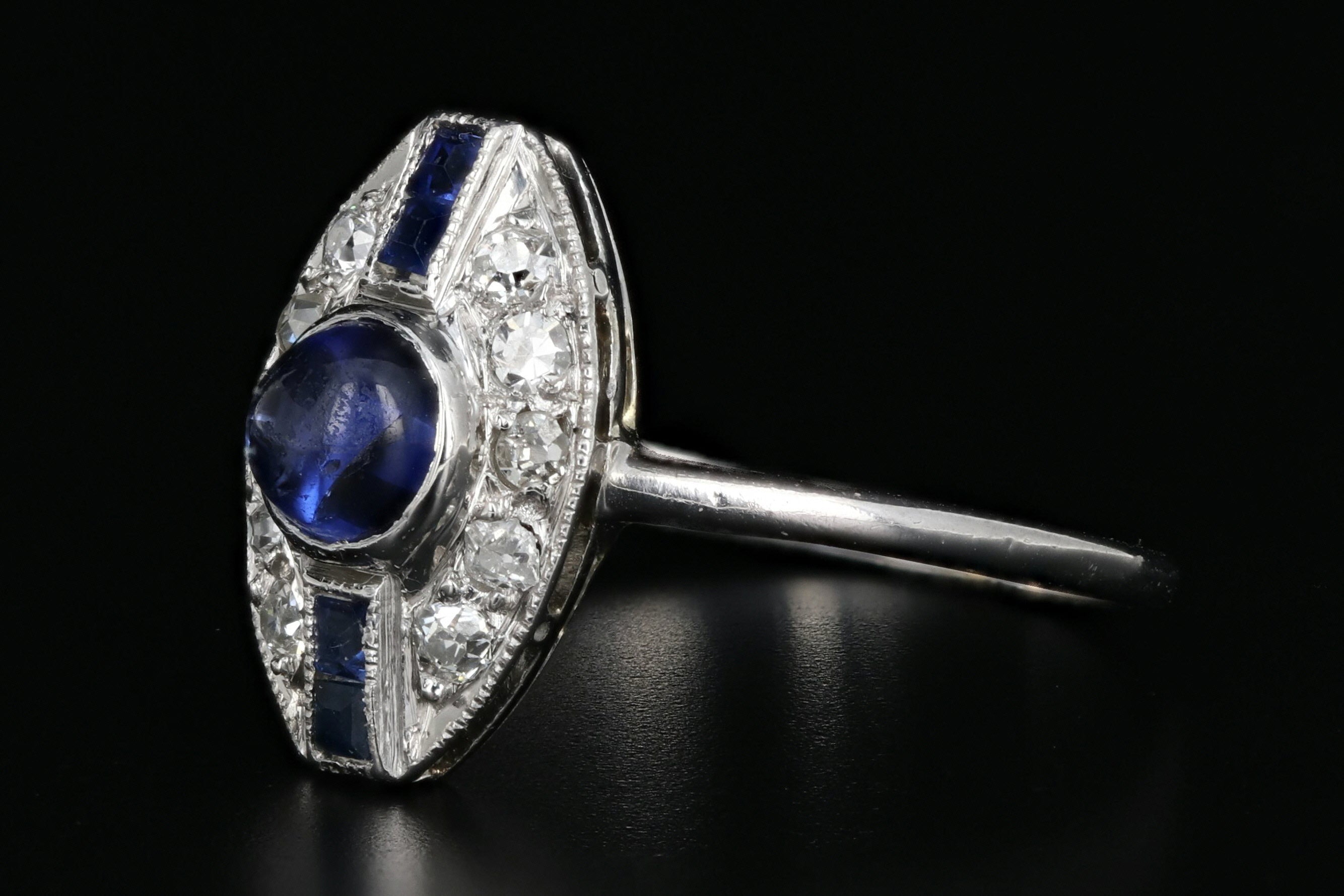 Art Deco Platinum .6 Carat Cabochon Sapphire and Diamond Ring - Queen May
