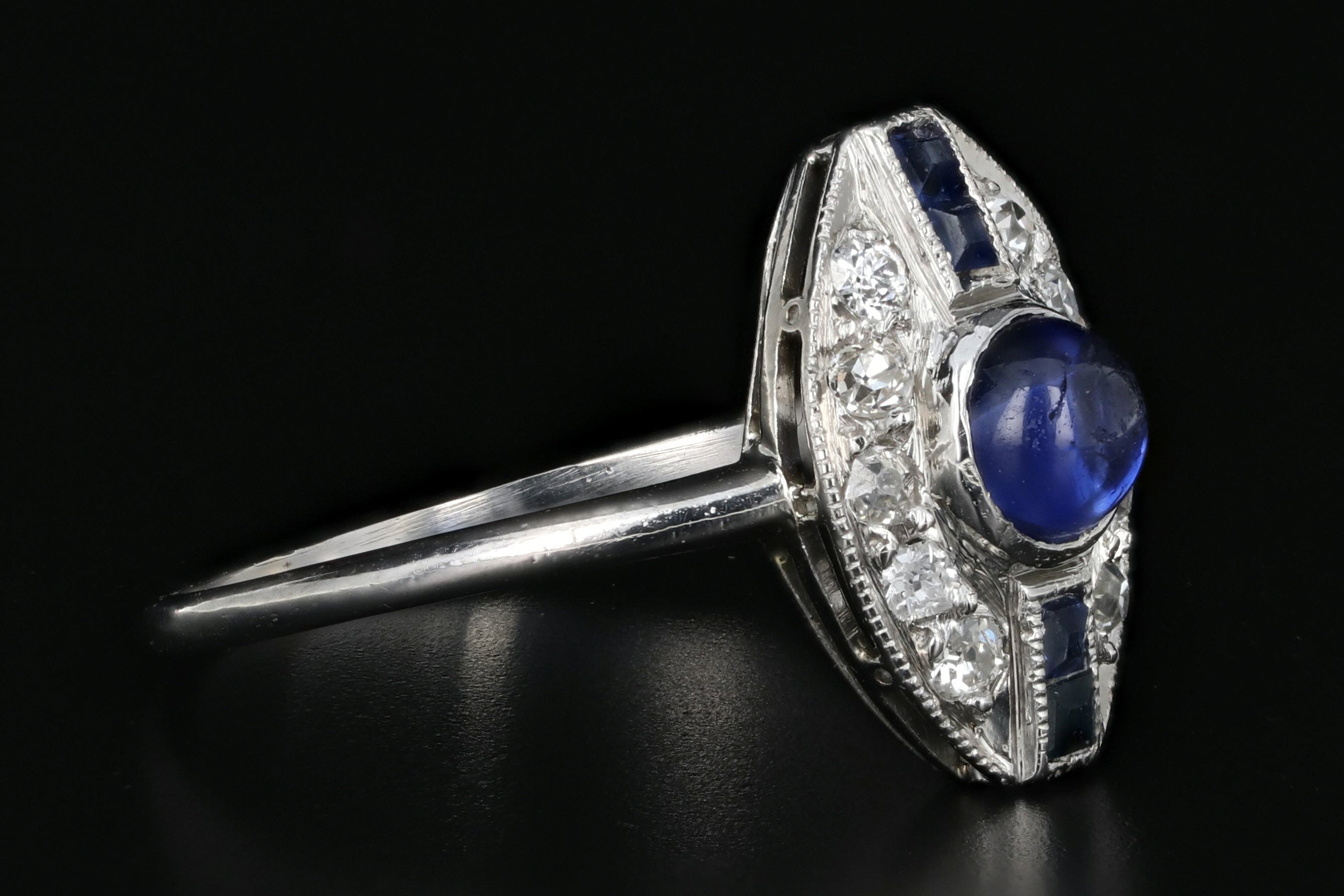 Art Deco Platinum .6 Carat Cabochon Sapphire and Diamond Ring - Queen May