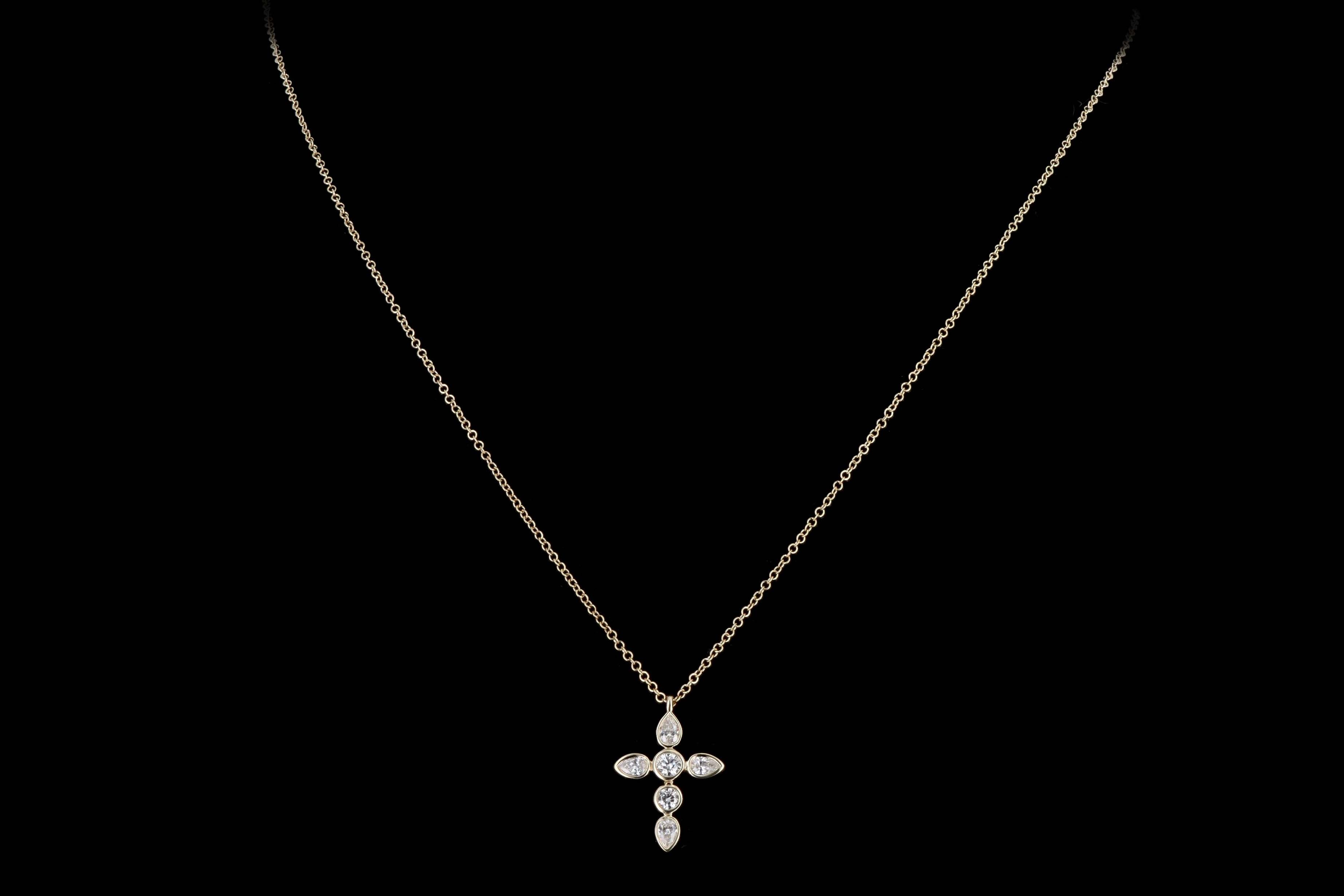 14K Gold .42 Carat Total Weight Pear Diamond Cross Pendant Necklace - Queen May