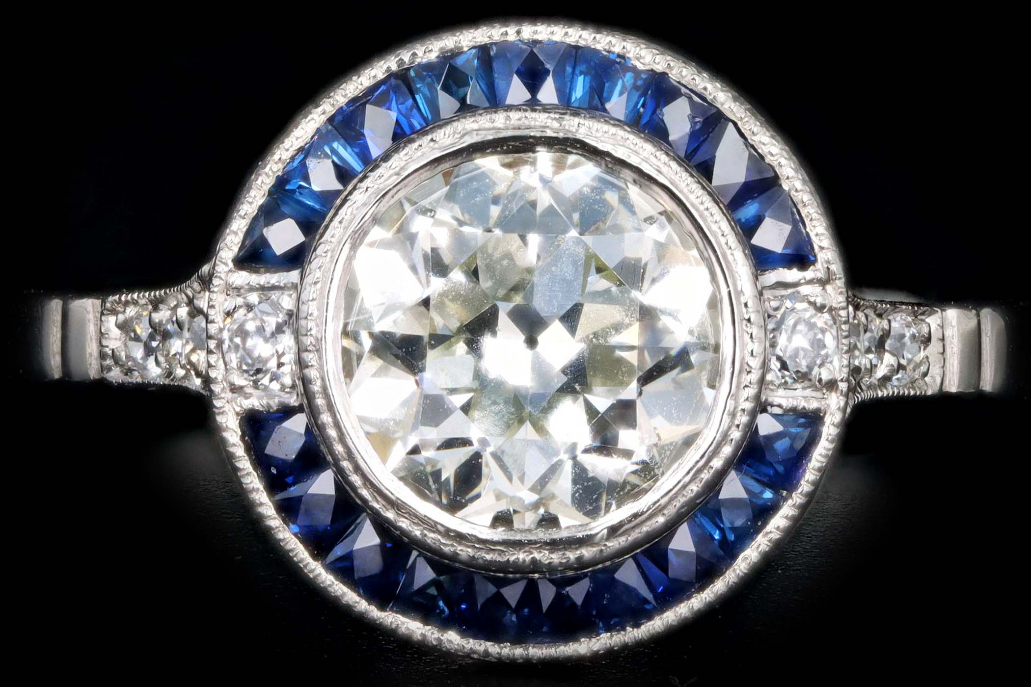 Art Deco Inspired Platinum 1.53 Carat Old European Cut Diamond & Natural Sapphire Halo Engagement Ring - Queen May