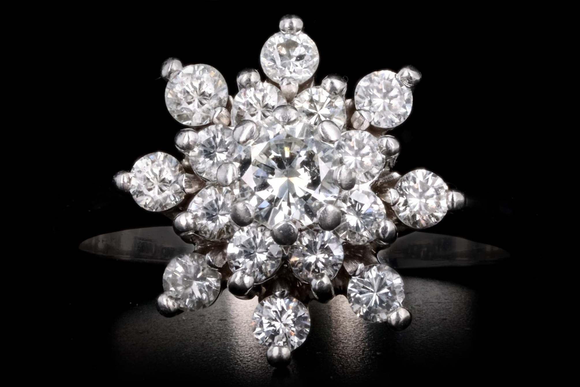 14K White Gold .94 Carat Total Weight Round Diamond Flower Cluster Ring - Queen May