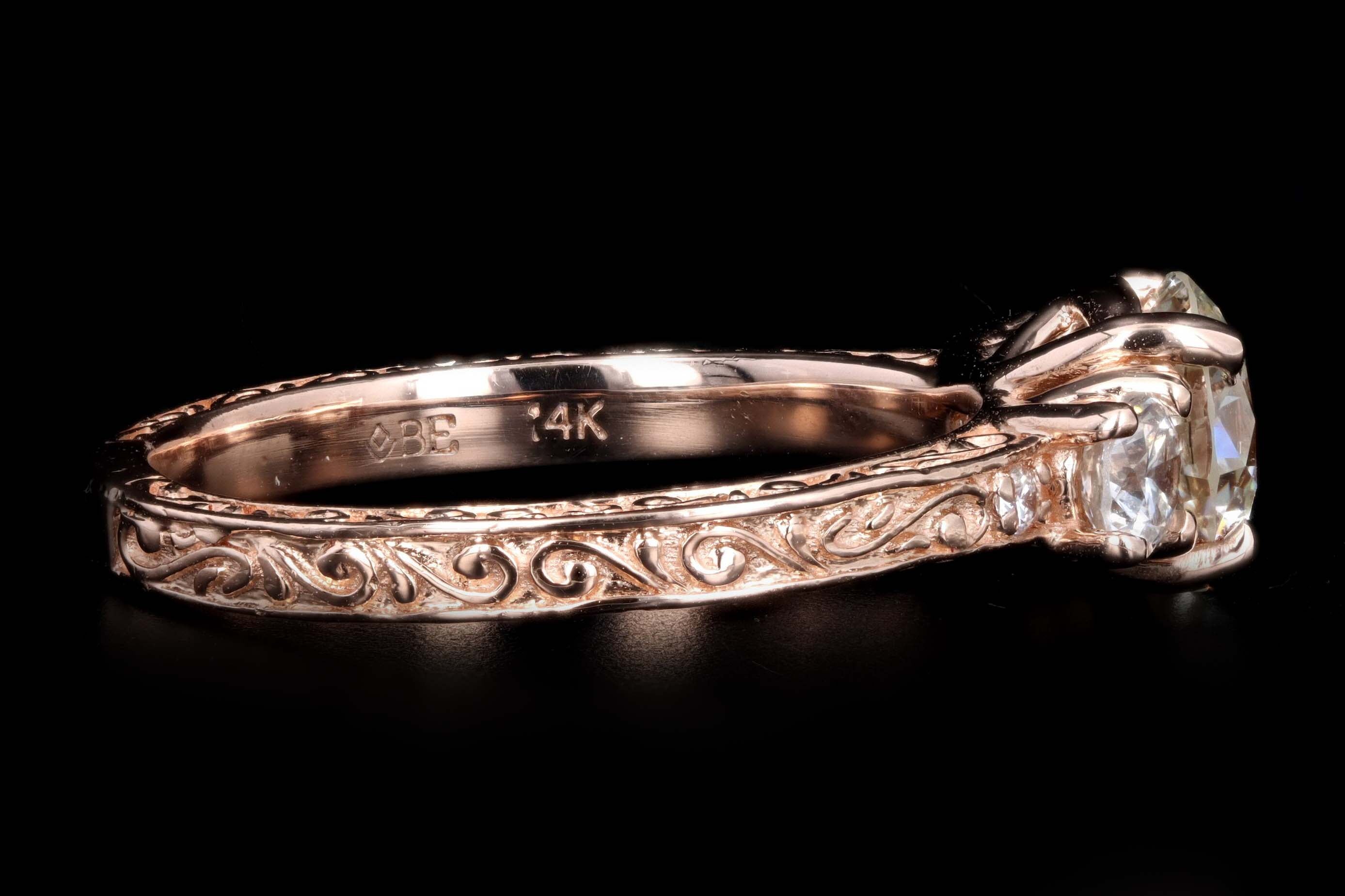 14K Rose Gold 1.04 Carat Round Brilliant Cut Diamond Three Stone Engagement Ring GIA Certified - Queen May