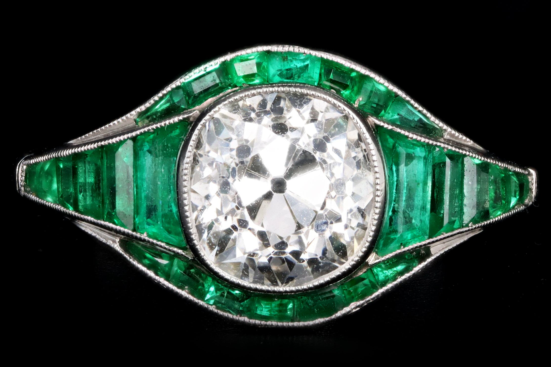 Art Deco Inspired Platinum 1.97 Carat Old Mine Diamond & Natural Emerald Engagement Ring - Queen May