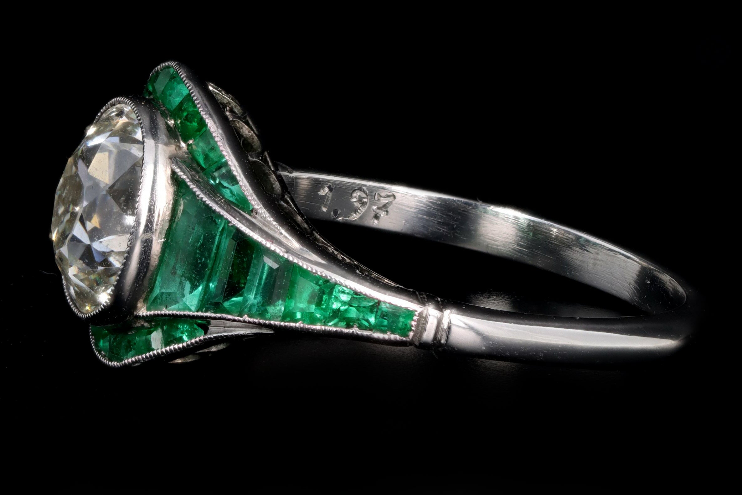 Art Deco Inspired Platinum 1.97 Carat Old Mine Diamond & Natural Emerald Engagement Ring - Queen May