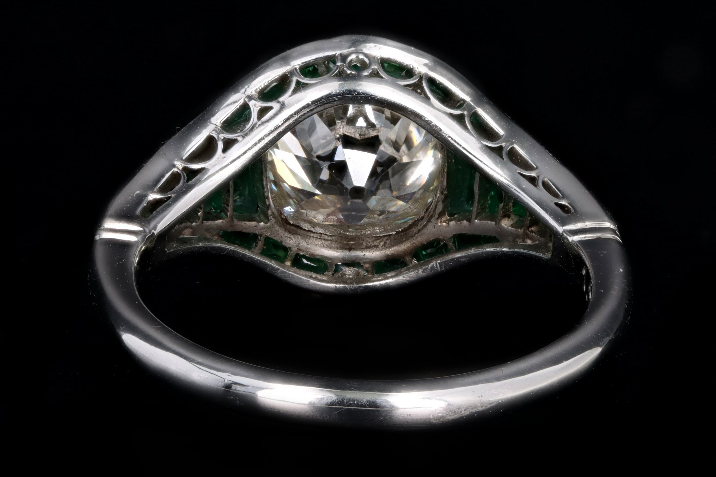 Art Deco Inspired Platinum 1.97 Carat Old Mine Diamond & Natural Emerald Engagement Ring - Queen May