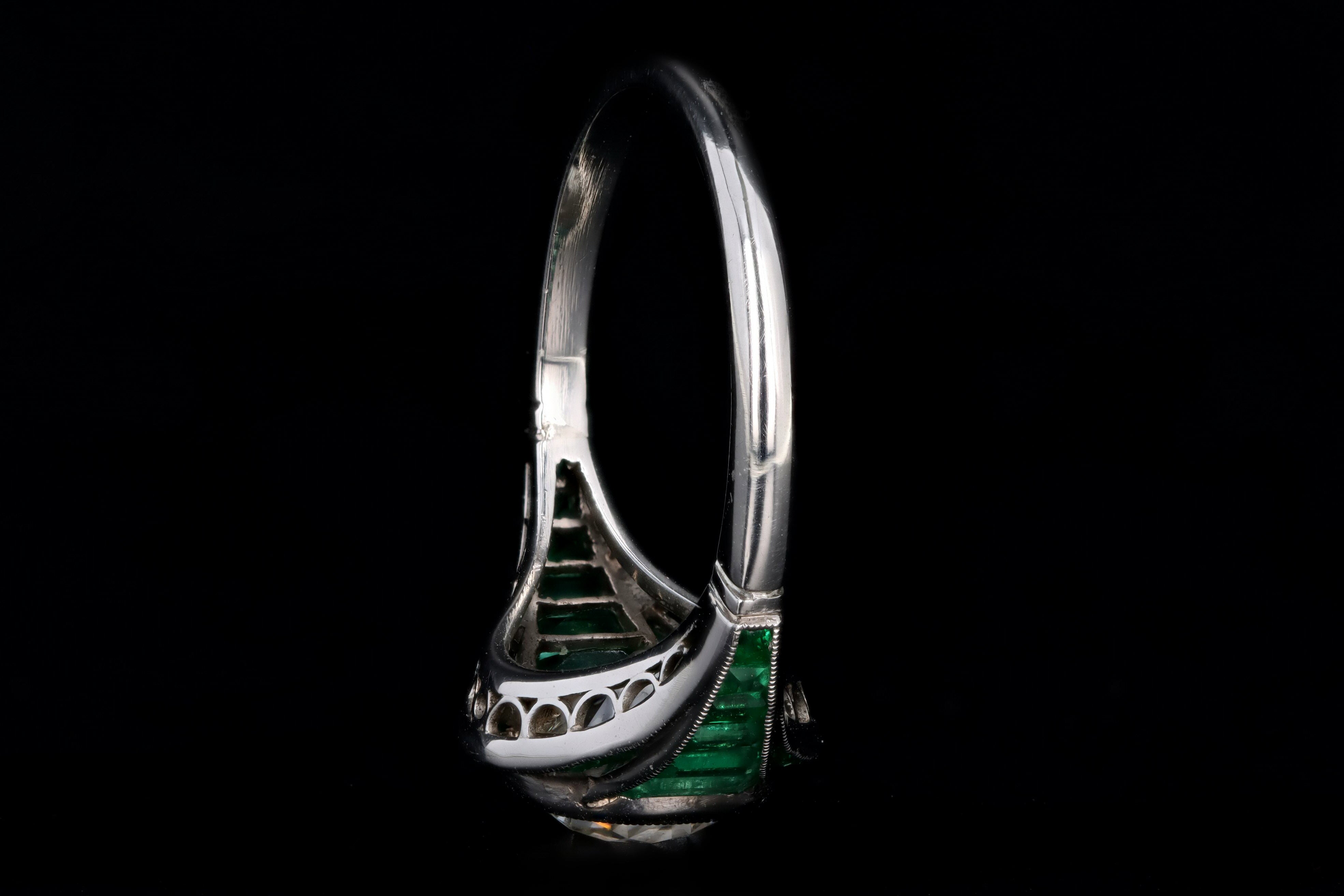 Art Deco Inspired Platinum 1.97 Carat Old Mine Diamond & Natural Emerald Engagement Ring - Queen May