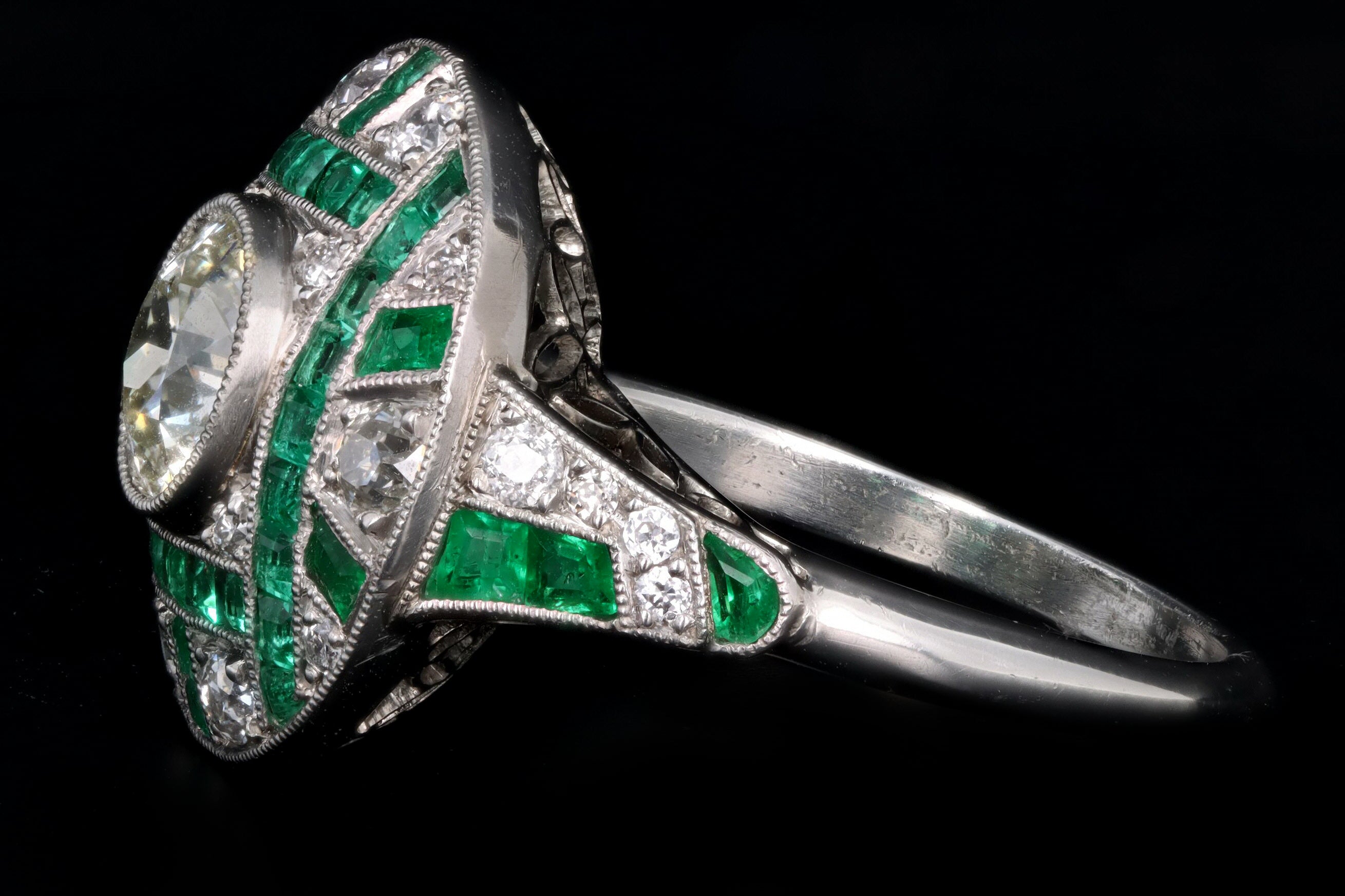 Art Deco Inspired Platinum .93 Carat Old European Diamond & Natural Emerald Ring - Queen May