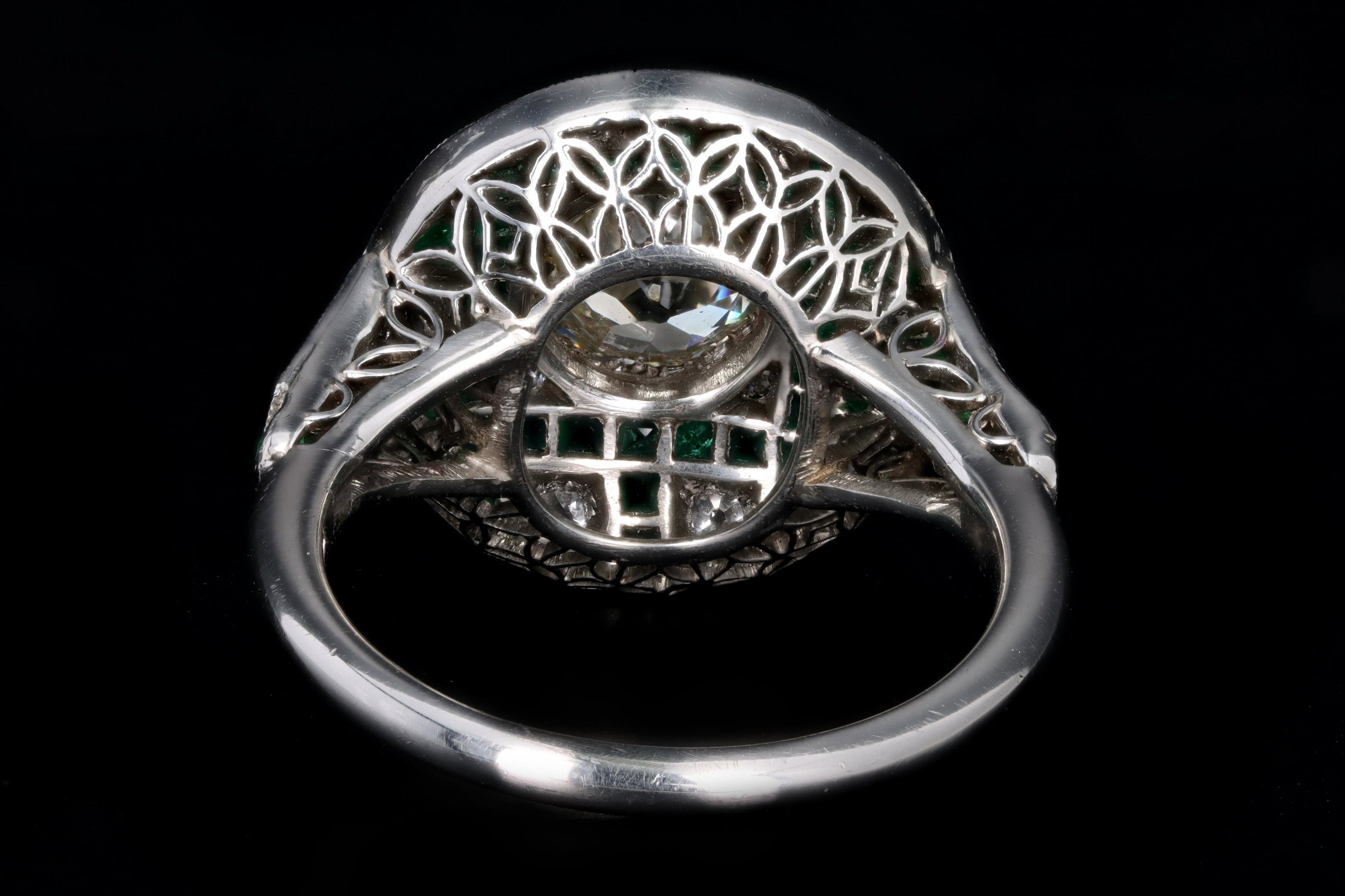 Art Deco Inspired Platinum .93 Carat Old European Diamond & Natural Emerald Ring - Queen May