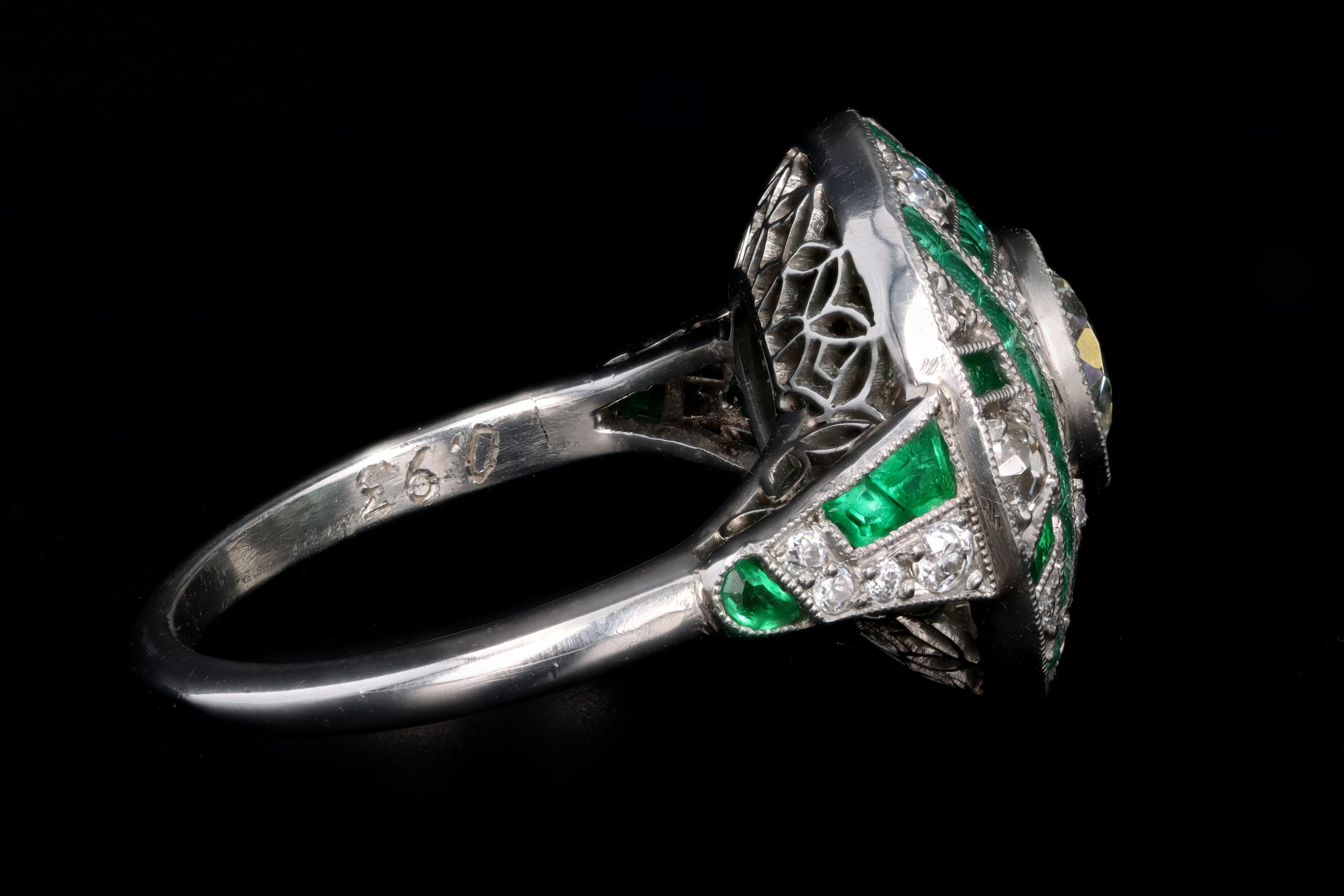 Art Deco Inspired Platinum .93 Carat Old European Diamond & Natural Emerald Ring - Queen May