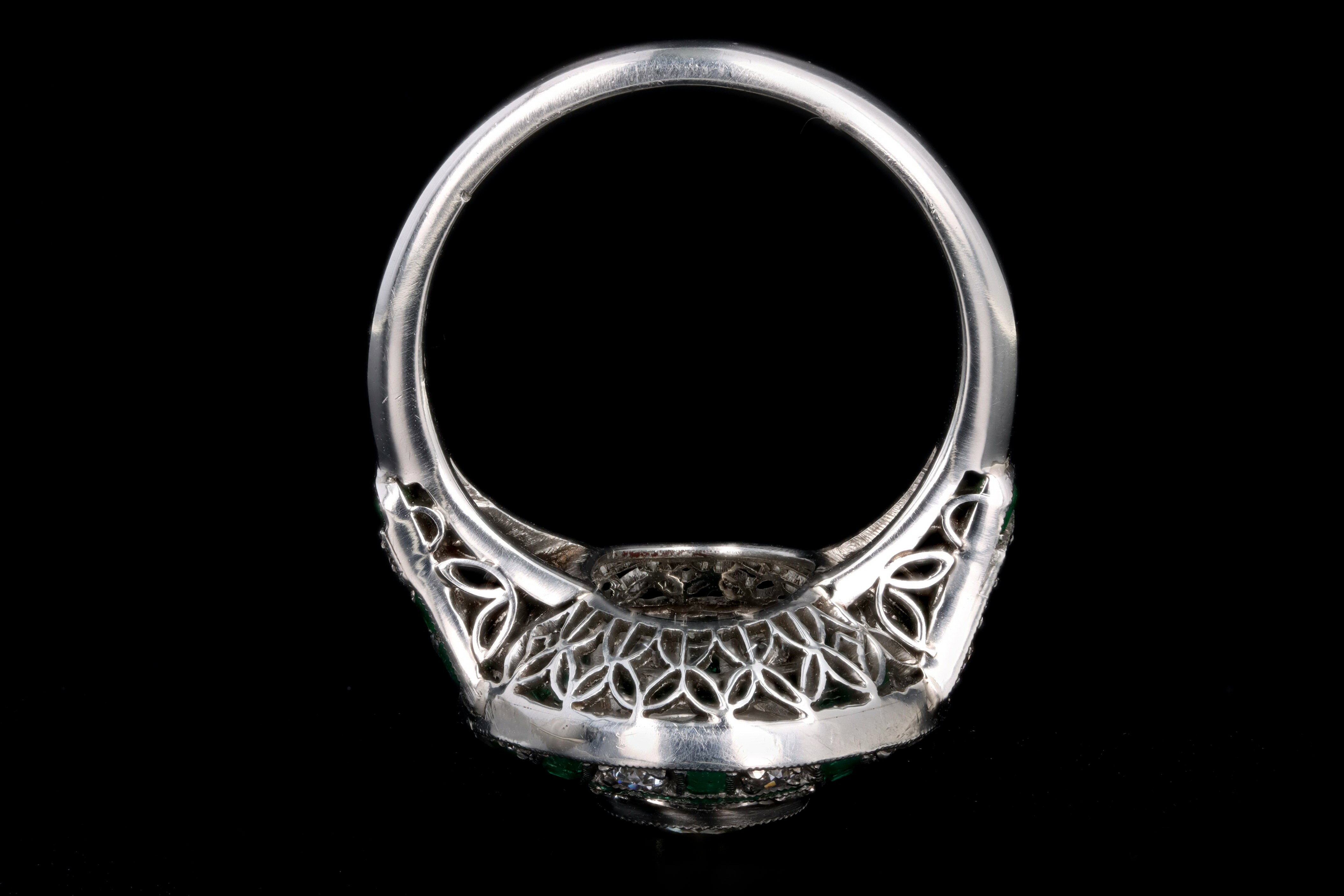 Art Deco Inspired Platinum .93 Carat Old European Diamond & Natural Emerald Ring - Queen May