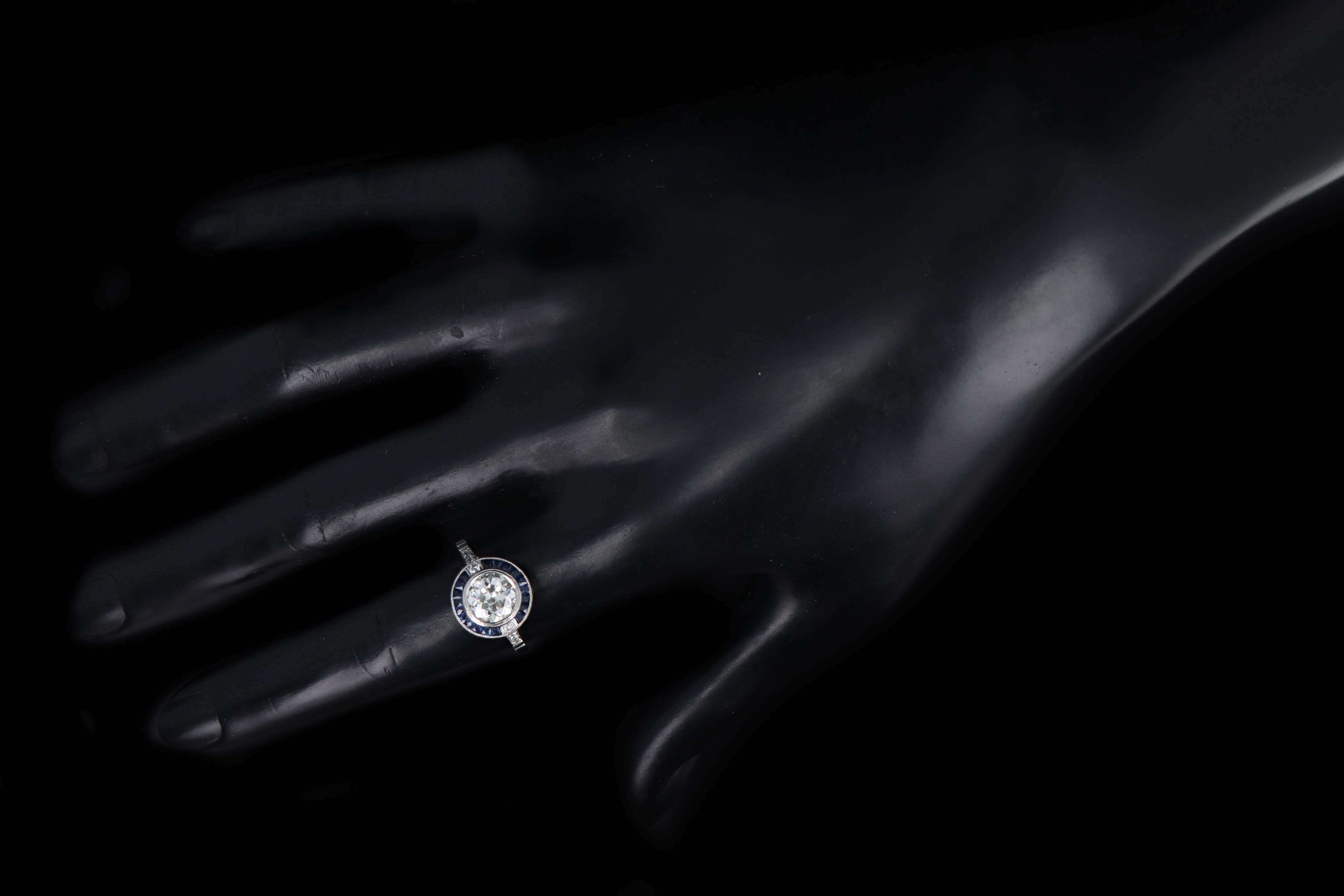 Art Deco Inspired Platinum 1.53 Carat Old European Cut Diamond & Natural Sapphire Halo Engagement Ring - Queen May