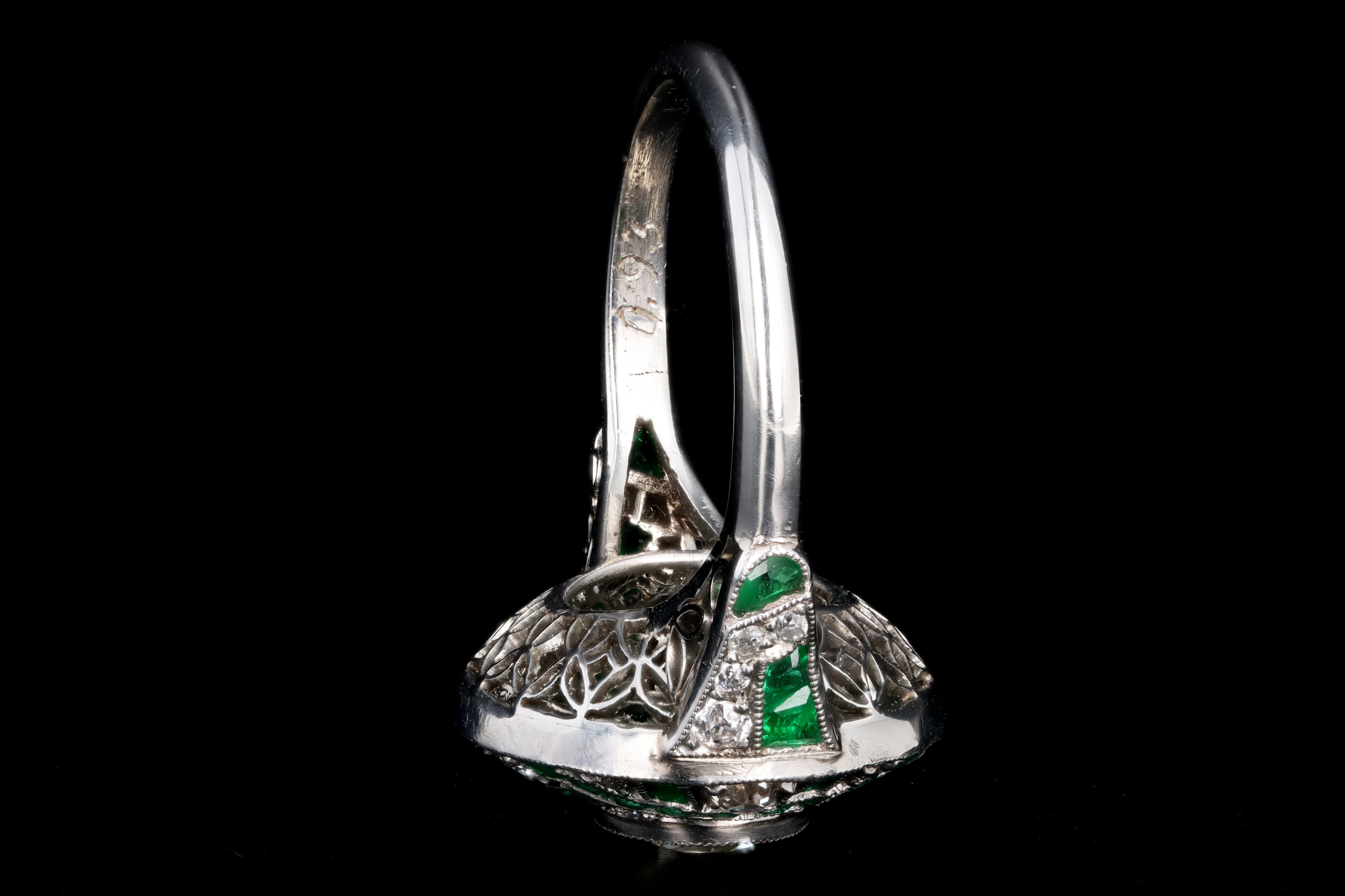 Art Deco Inspired Platinum .93 Carat Old European Diamond & Natural Emerald Ring - Queen May
