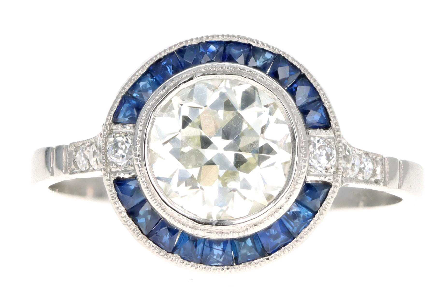 Art Deco Inspired Platinum 1.53 Carat Old European Cut Diamond & Natural Sapphire Halo Engagement Ring - Queen May