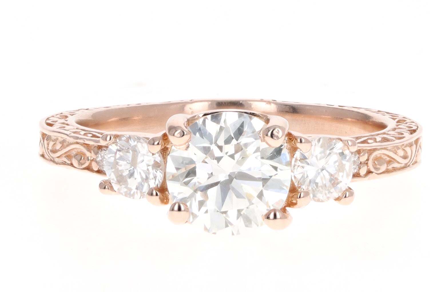 14K Rose Gold 1.04 Carat Round Brilliant Cut Diamond Three Stone Engagement Ring GIA Certified - Queen May