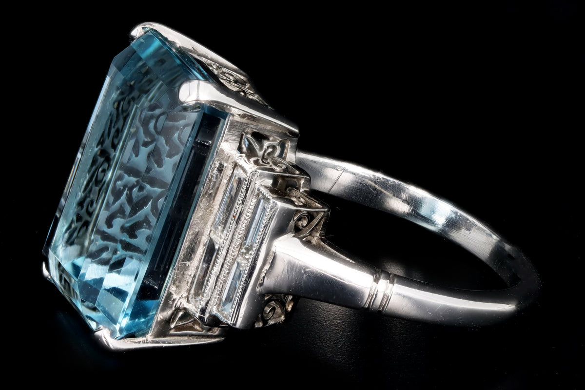 Art Deco Inspired Platinum 9.39 Carat Aquamarine & Baguette Diamond Ring - Queen May