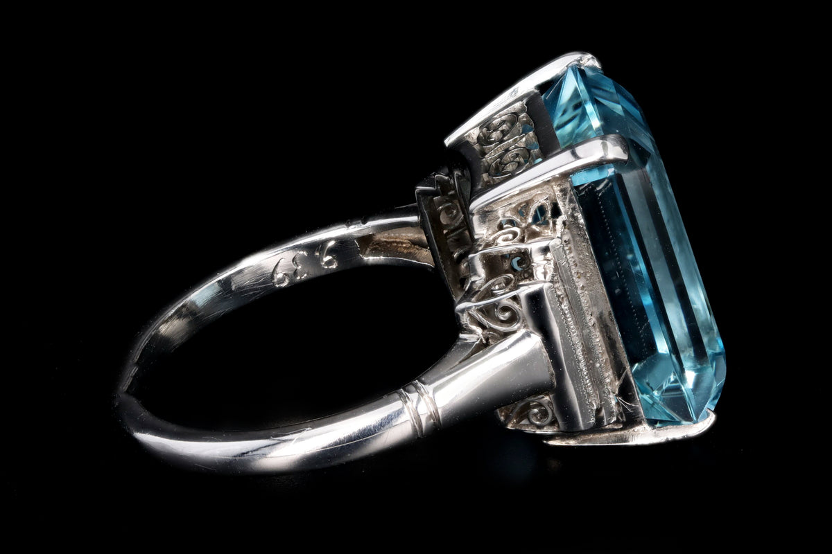 Art Deco Inspired Platinum 9.39 Carat Aquamarine & Baguette Diamond Ring - Queen May