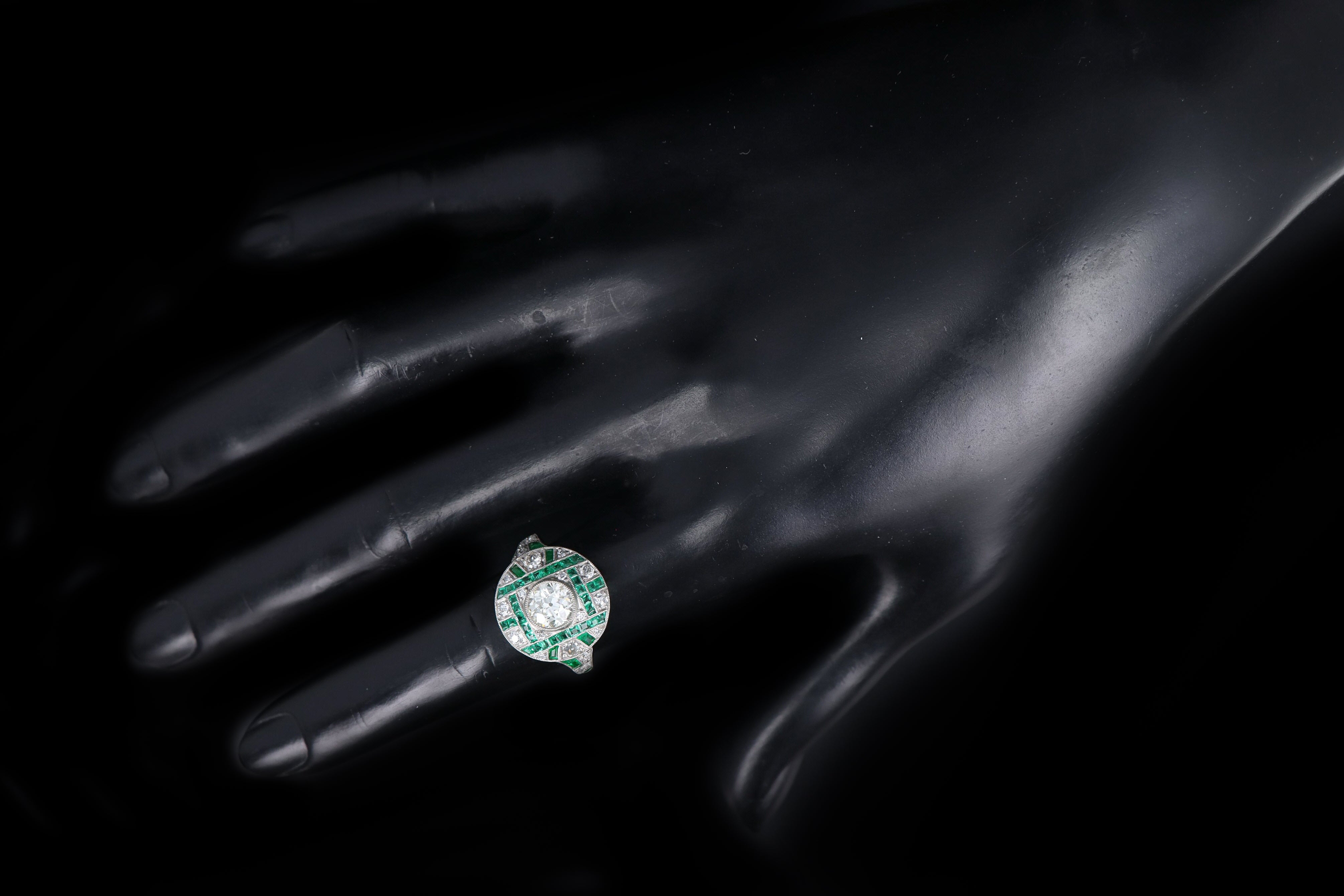 Art Deco Inspired Platinum .93 Carat Old European Diamond & Natural Emerald Ring - Queen May