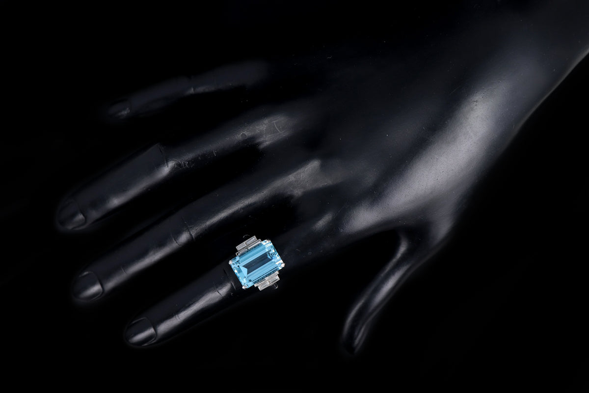 Art Deco Inspired Platinum 9.39 Carat Aquamarine & Baguette Diamond Ring - Queen May