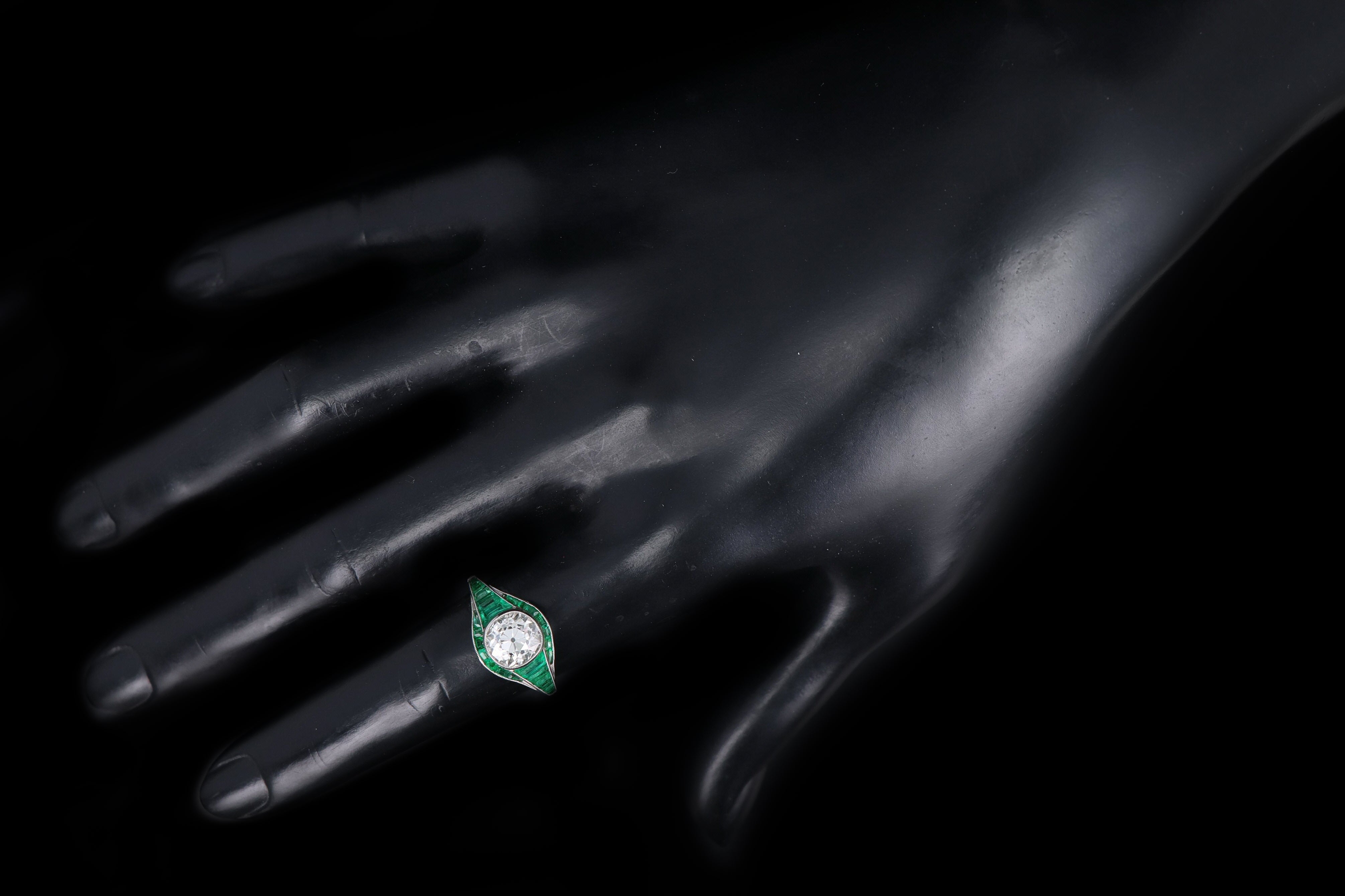 Art Deco Inspired Platinum 1.97 Carat Old Mine Diamond & Natural Emerald Engagement Ring - Queen May