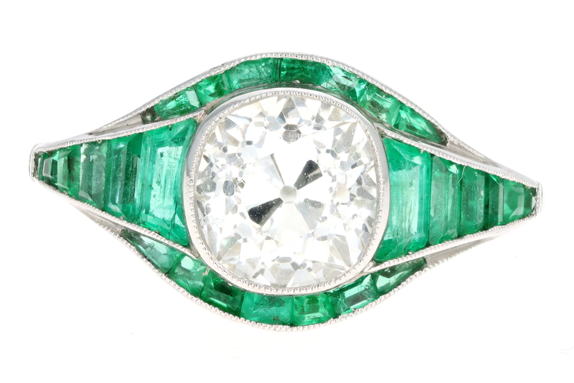 Art Deco Inspired Platinum 1.97 Carat Old Mine Diamond & Natural Emerald Engagement Ring - Queen May