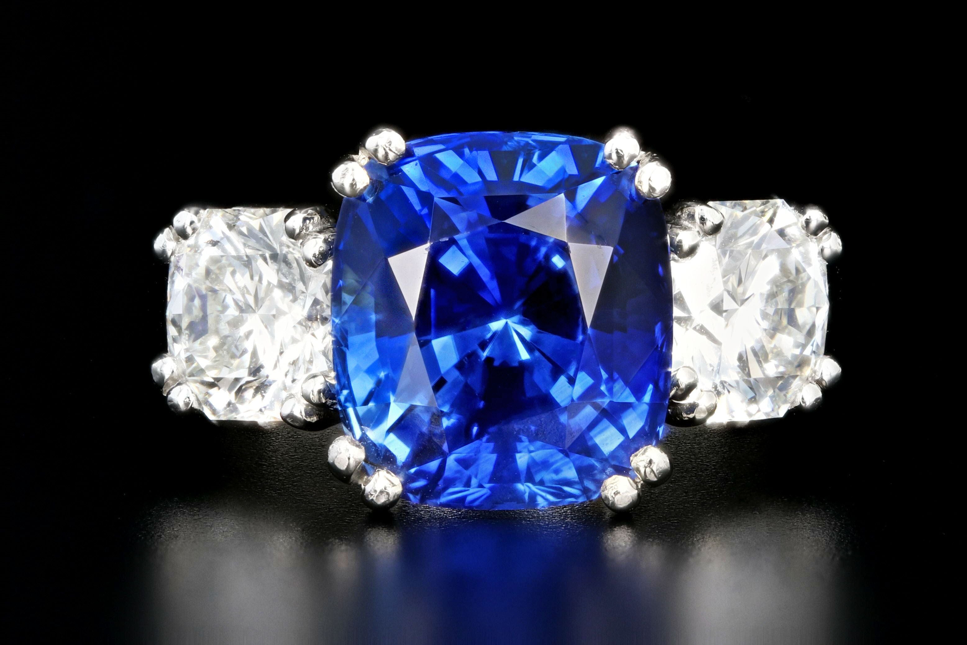 Modern Platinum 6.65 Carat Ceylon Sapphire and Octagonal Cut Diamond Three Stone Ring - Queen May