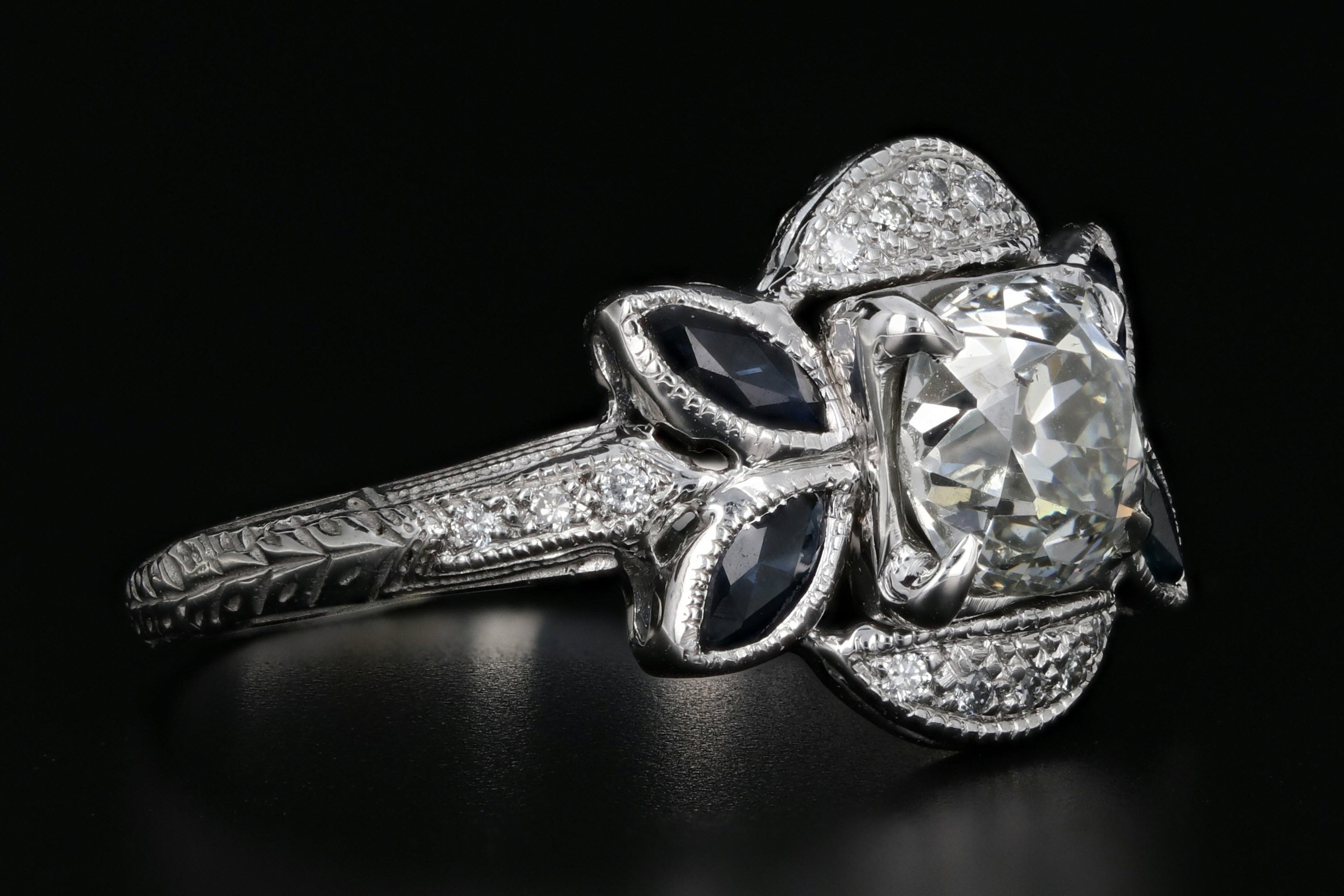 Art Deco 18K White Gold 1.16 Carat Old Mine Cut Diamond & Sapphire Ring GIA Certified - Queen May