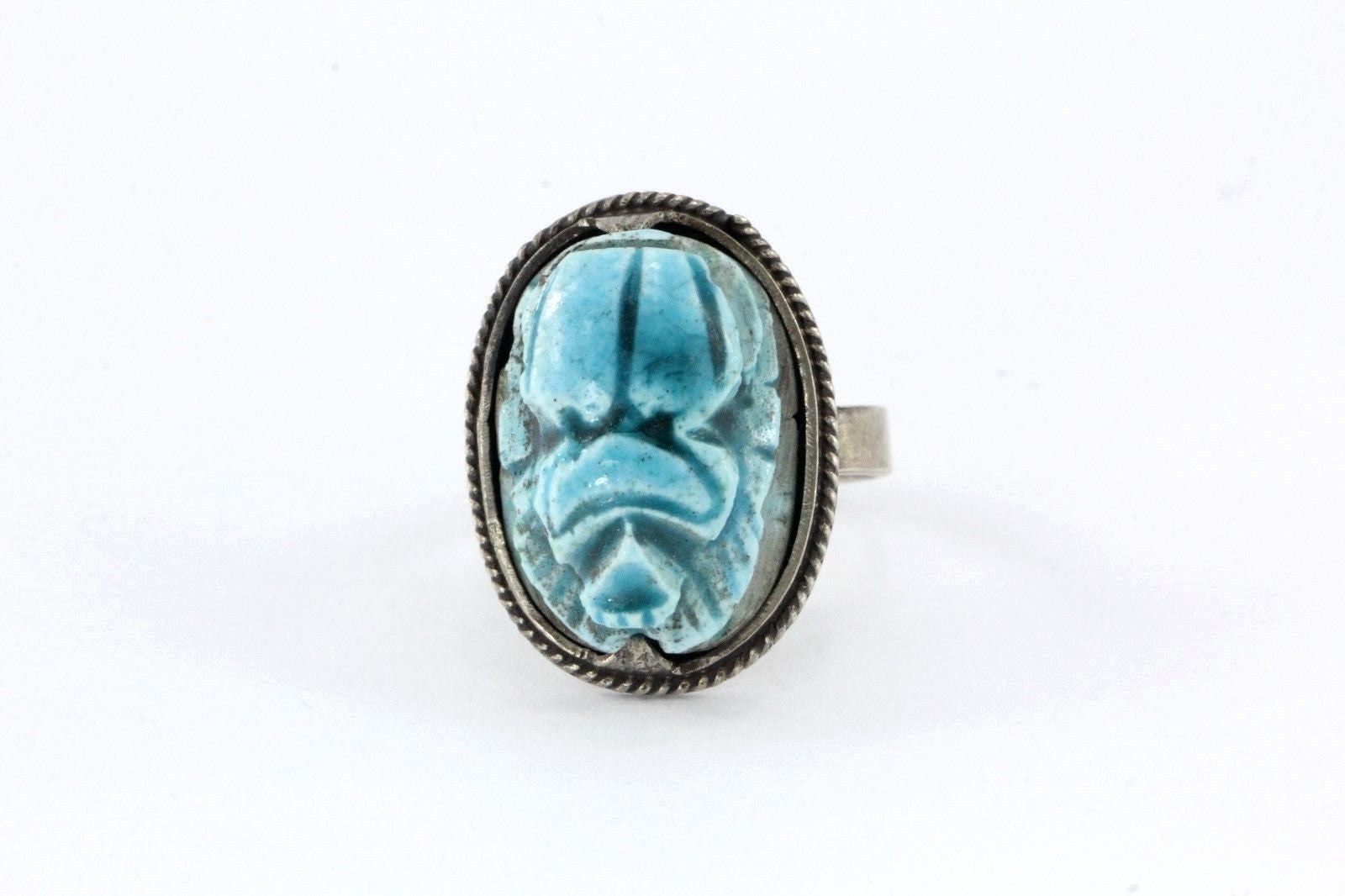 Vintage Hand Made Silver Blue Scarab Beetle Egyptian Ring - Queen May