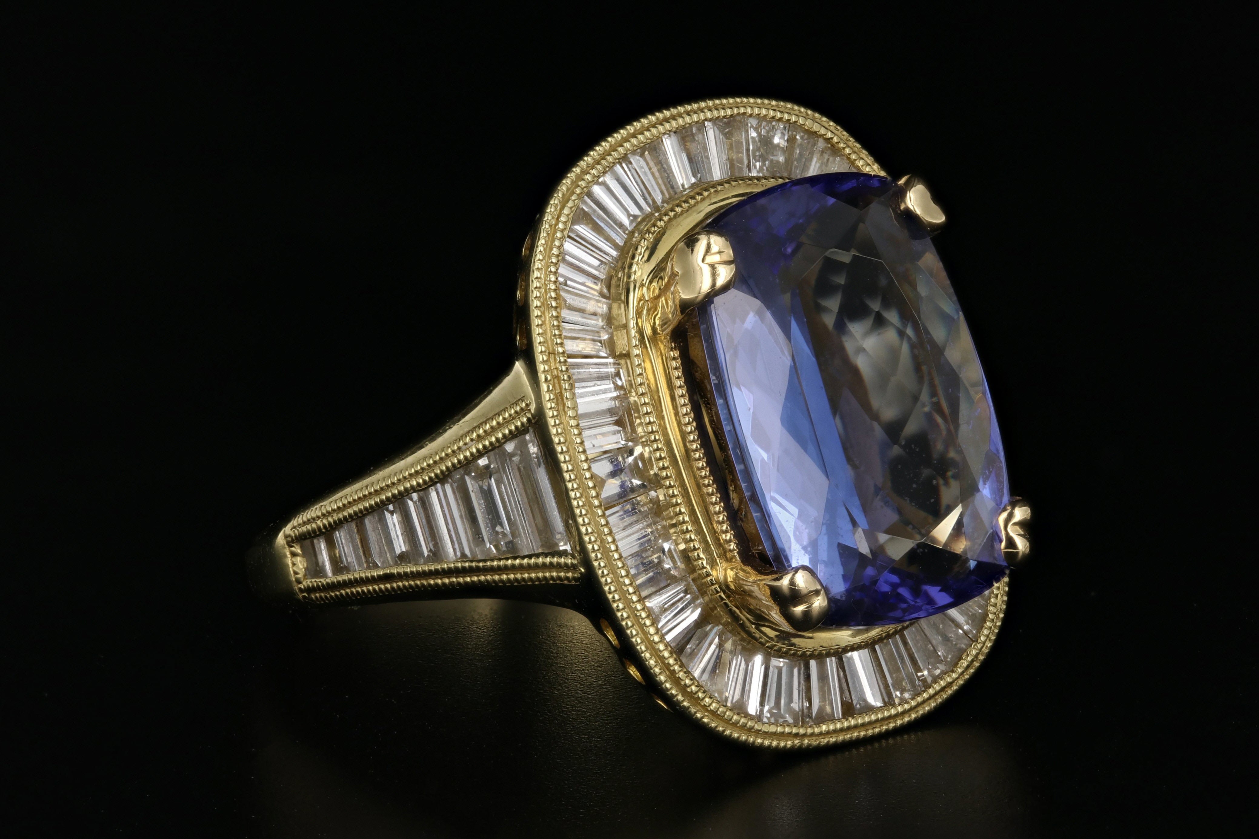 Modern 18K Yellow Gold 5.5 Carat Tanzanite & Diamond Ring - Queen May