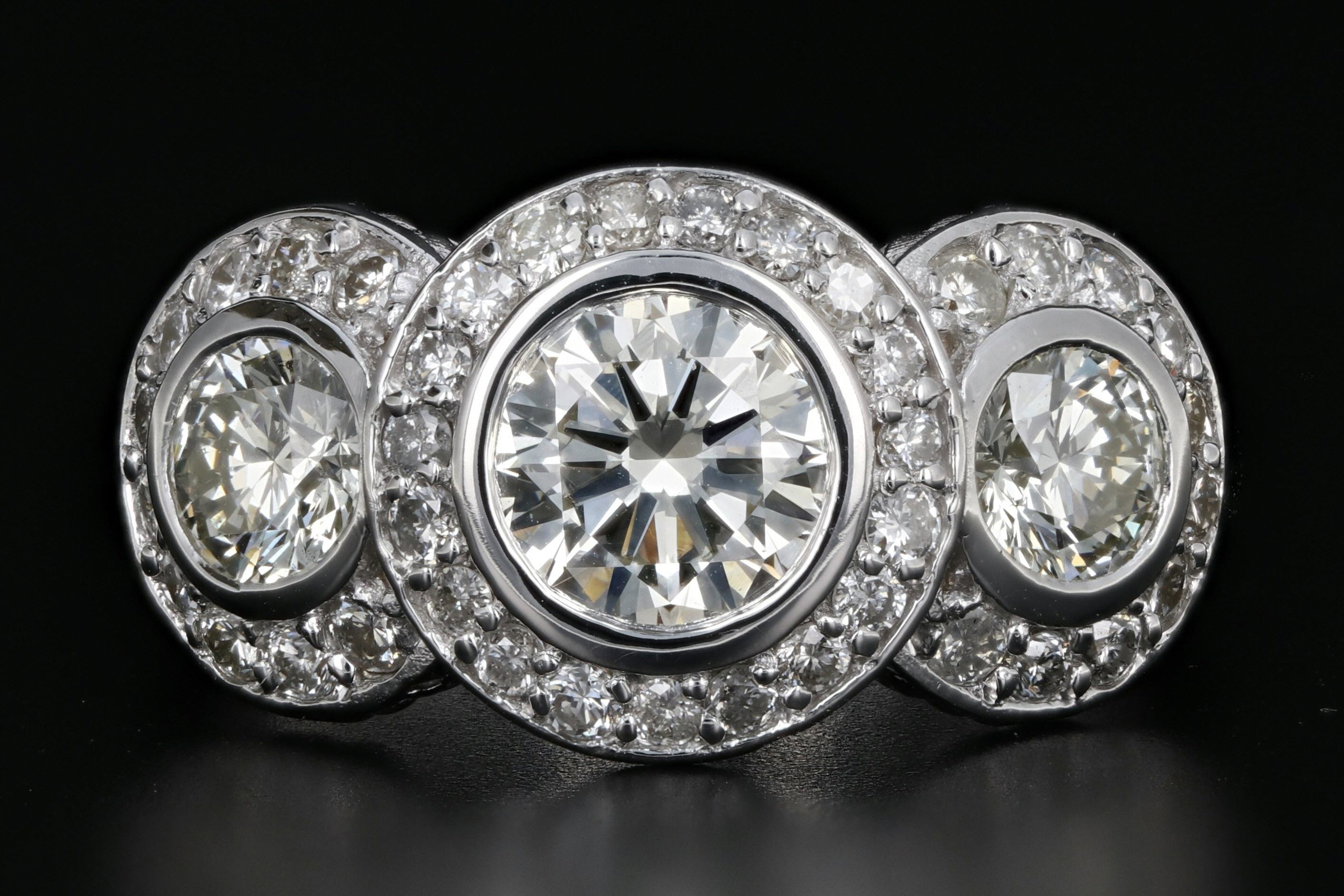 Modern 14K White Gold 3 Stone 2.45 Carat Diamond Weight Total Halo Ring - Queen May