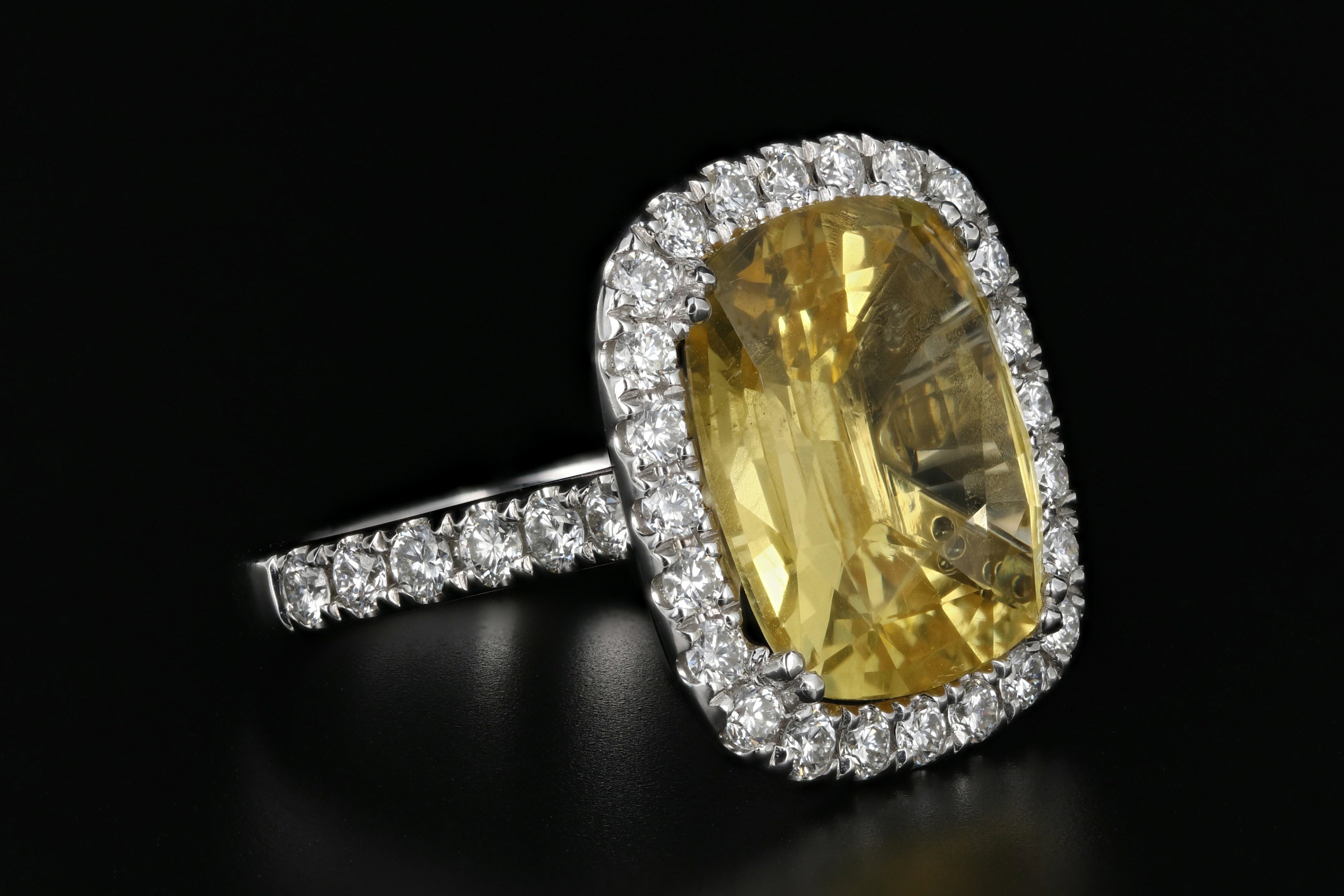New 14K White Gold 10.83 Carat Natural Yellow Sapphire & Diamond Ring AGL Certified - Queen May