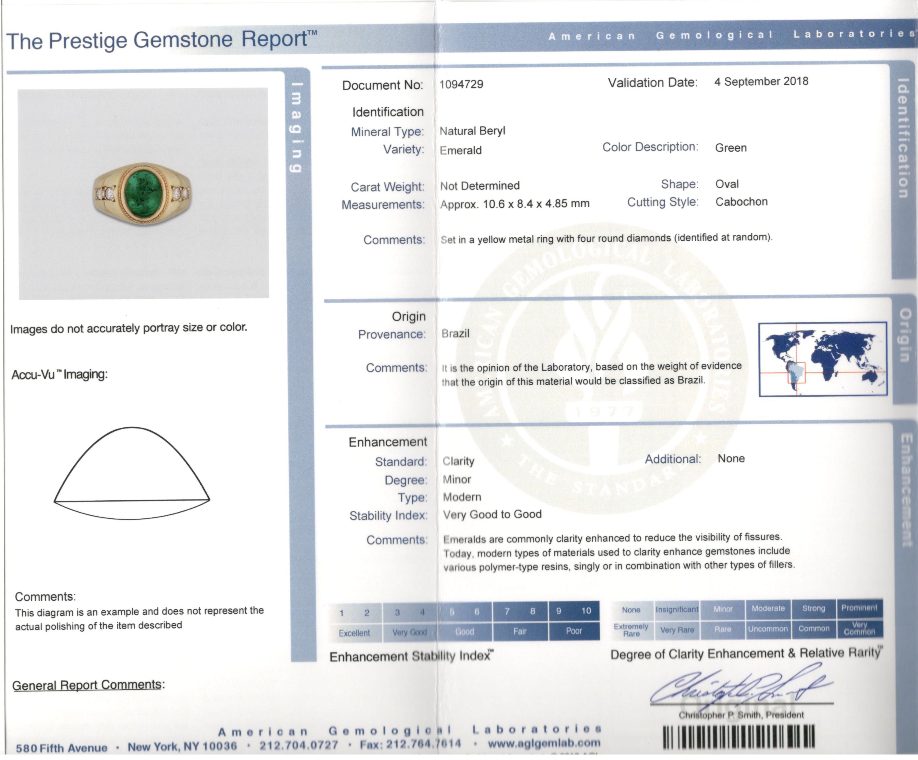 Retro 18K Yellow Gold 3.5 Carat Natural Brazilian Emerald and Diamond Ring AGL Certified - Queen May