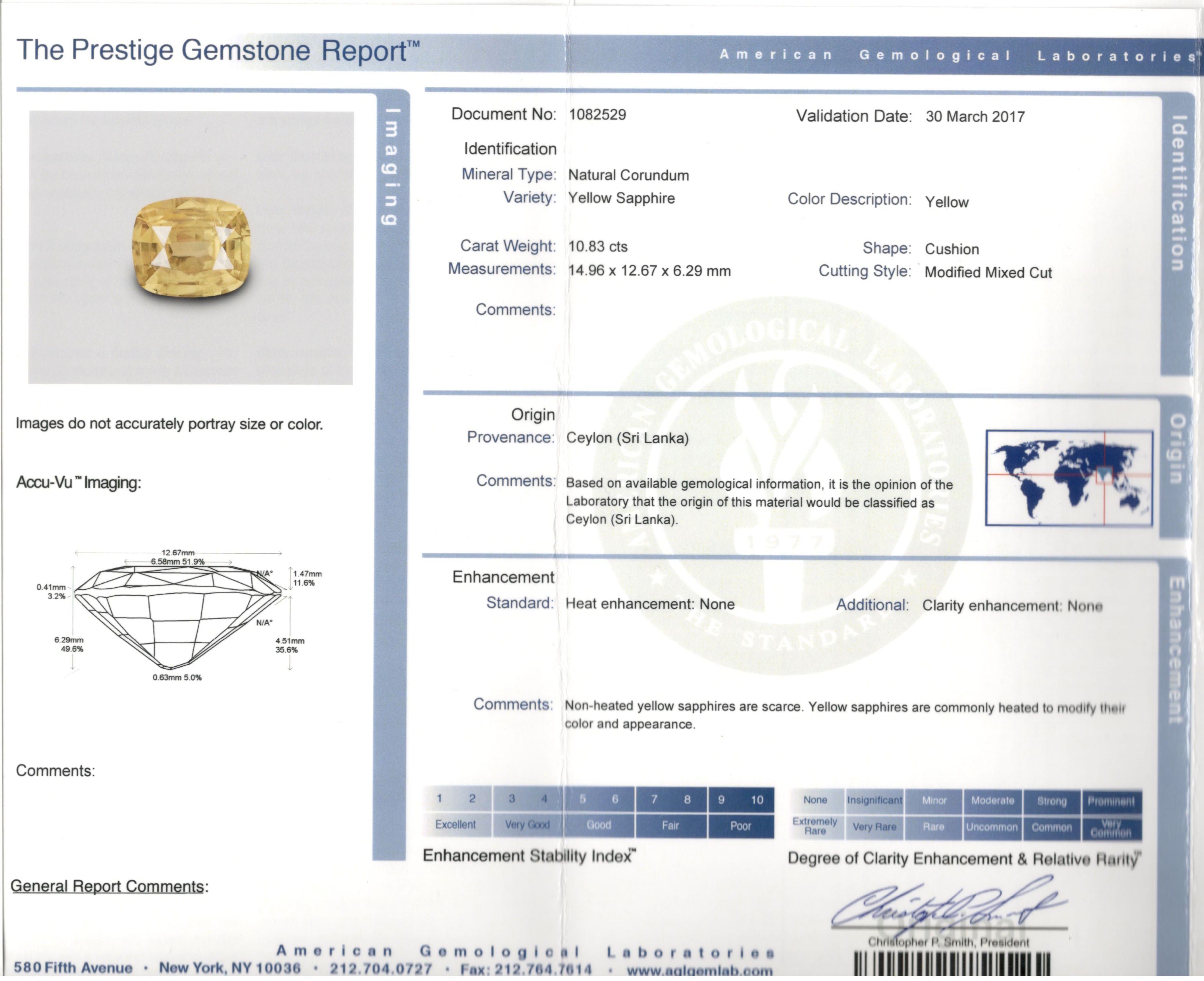 New 14K White Gold 10.83 Carat Natural Yellow Sapphire & Diamond Ring AGL Certified - Queen May