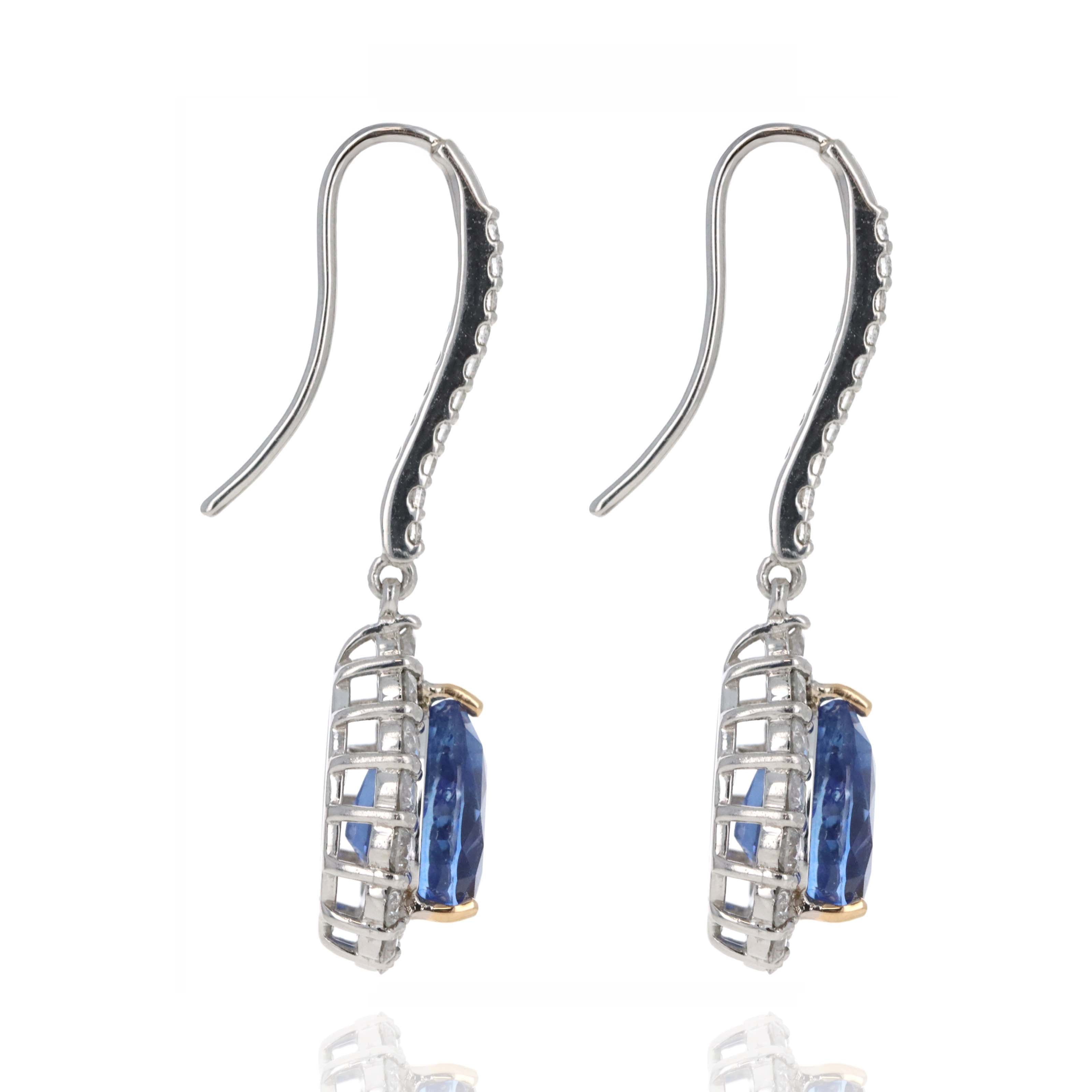 5.93 Carat Royal Blue Ceylon Pear Sapphire Diamond Halo Drop Earrings