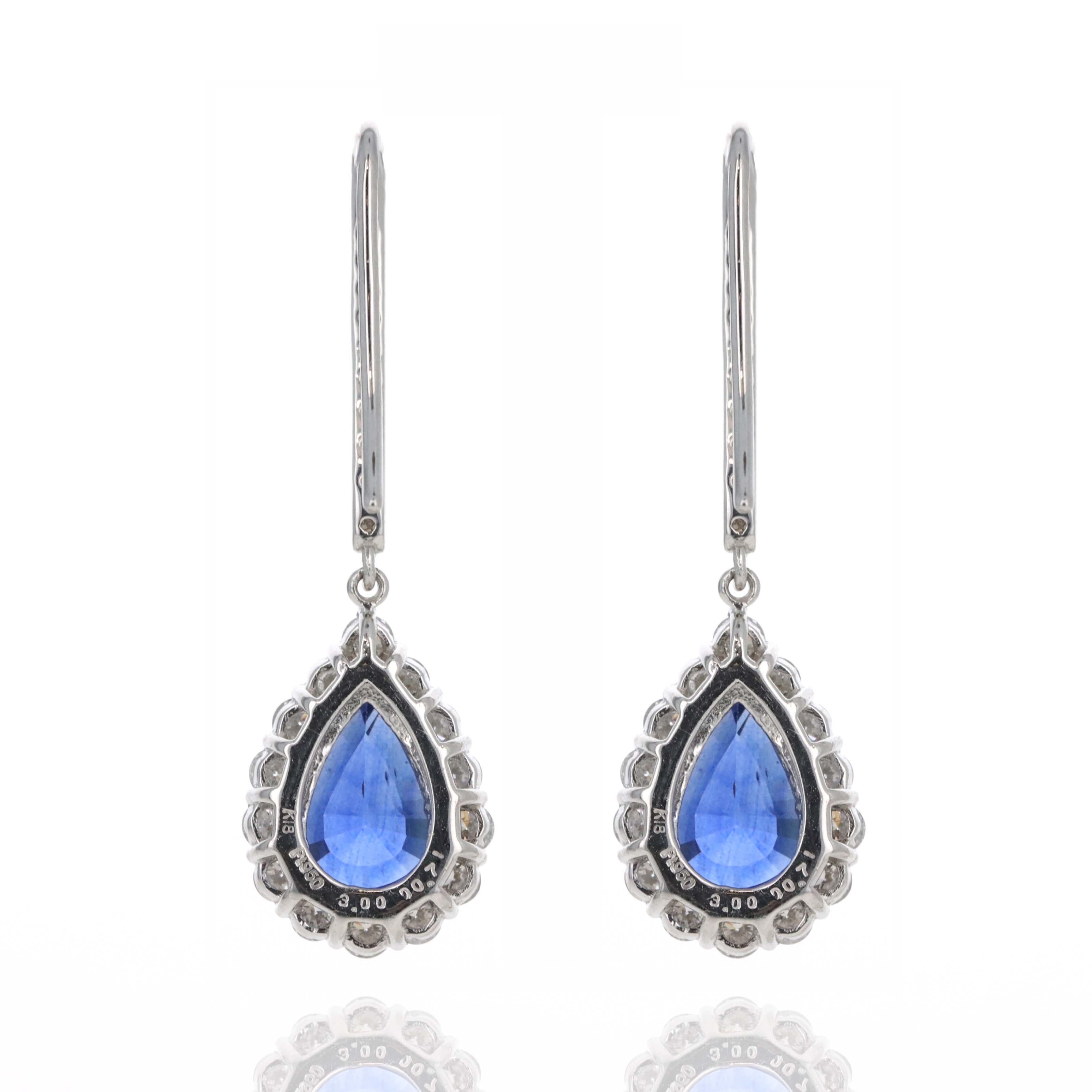 5.93 Carat Royal Blue Ceylon Pear Sapphire Diamond Halo Drop Earrings