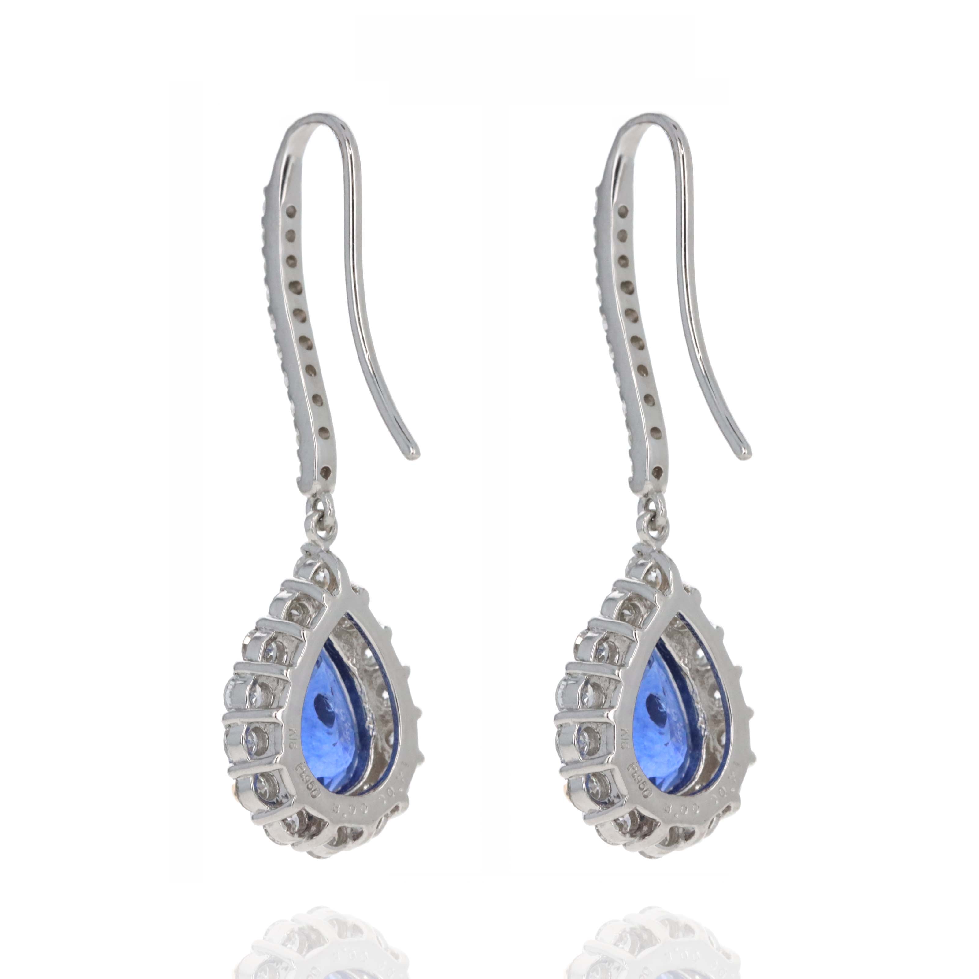 5.93 Carat Royal Blue Ceylon Pear Sapphire Diamond Halo Drop Earrings