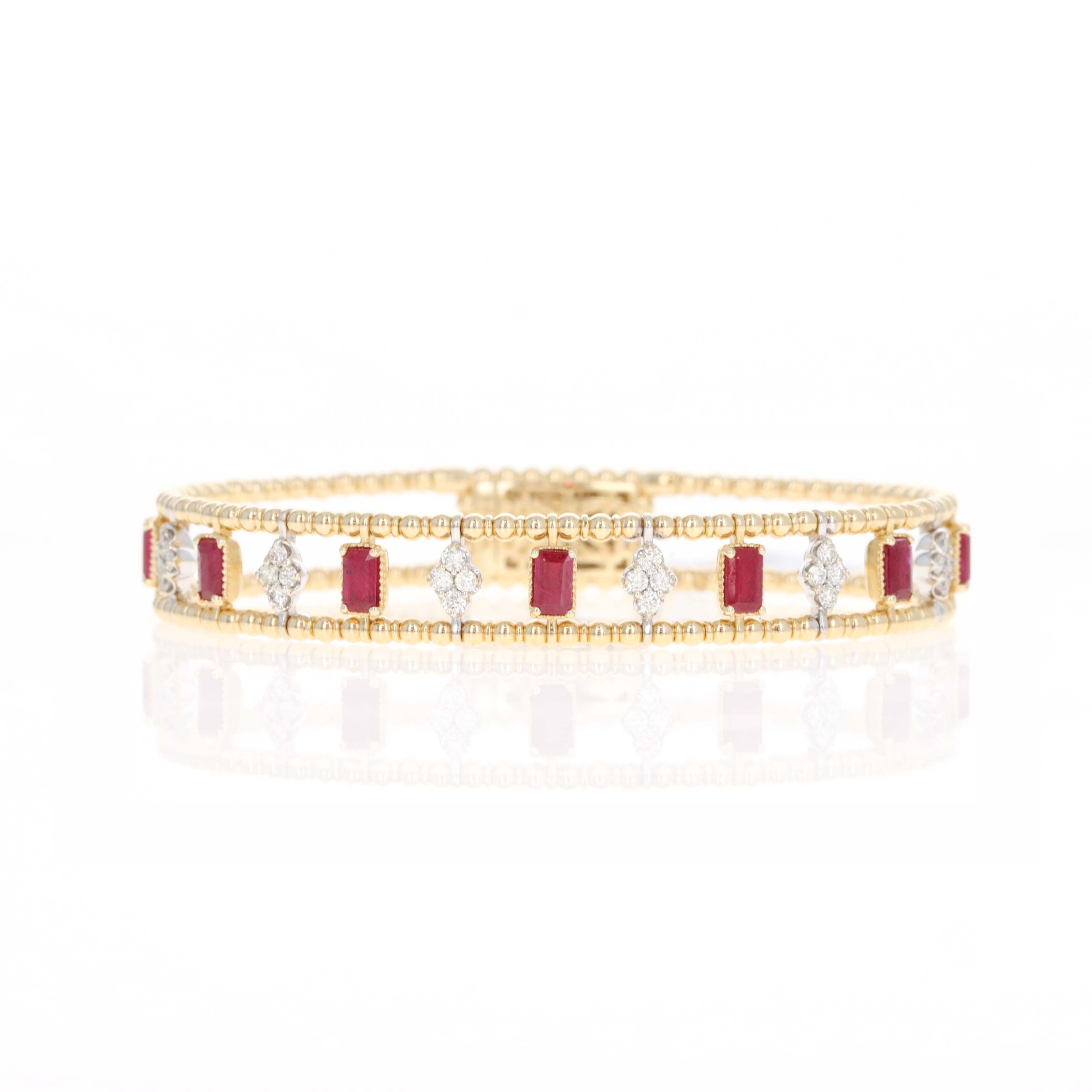 14K Gold 2.39 Carat Ruby Diamond Cluster Beaded Flexible Bangle - Queen May