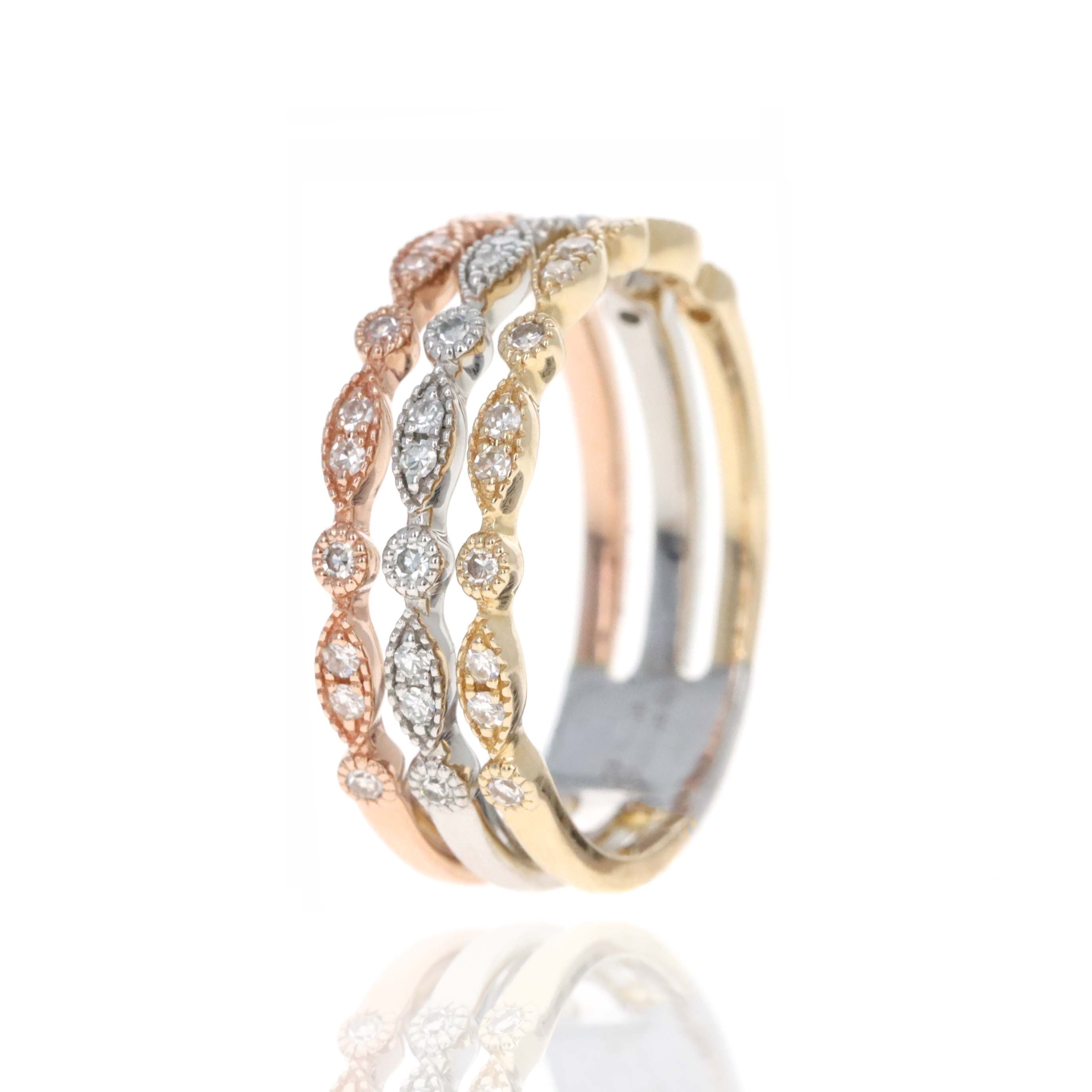 14K Tri Color Gold Diamond Milgrain Triple Band