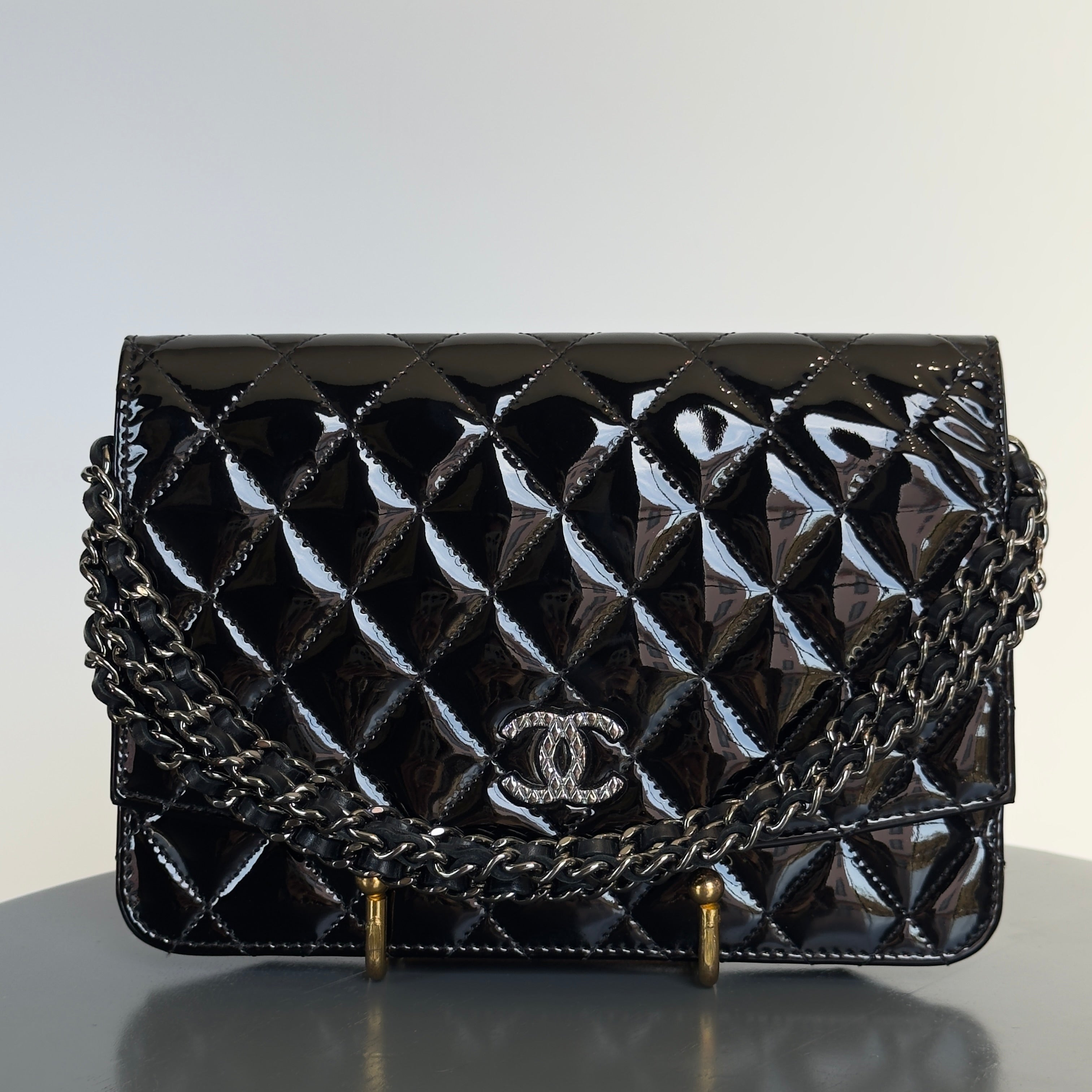 Chanel Black Patent Leather Wallet On Chain - Queen May