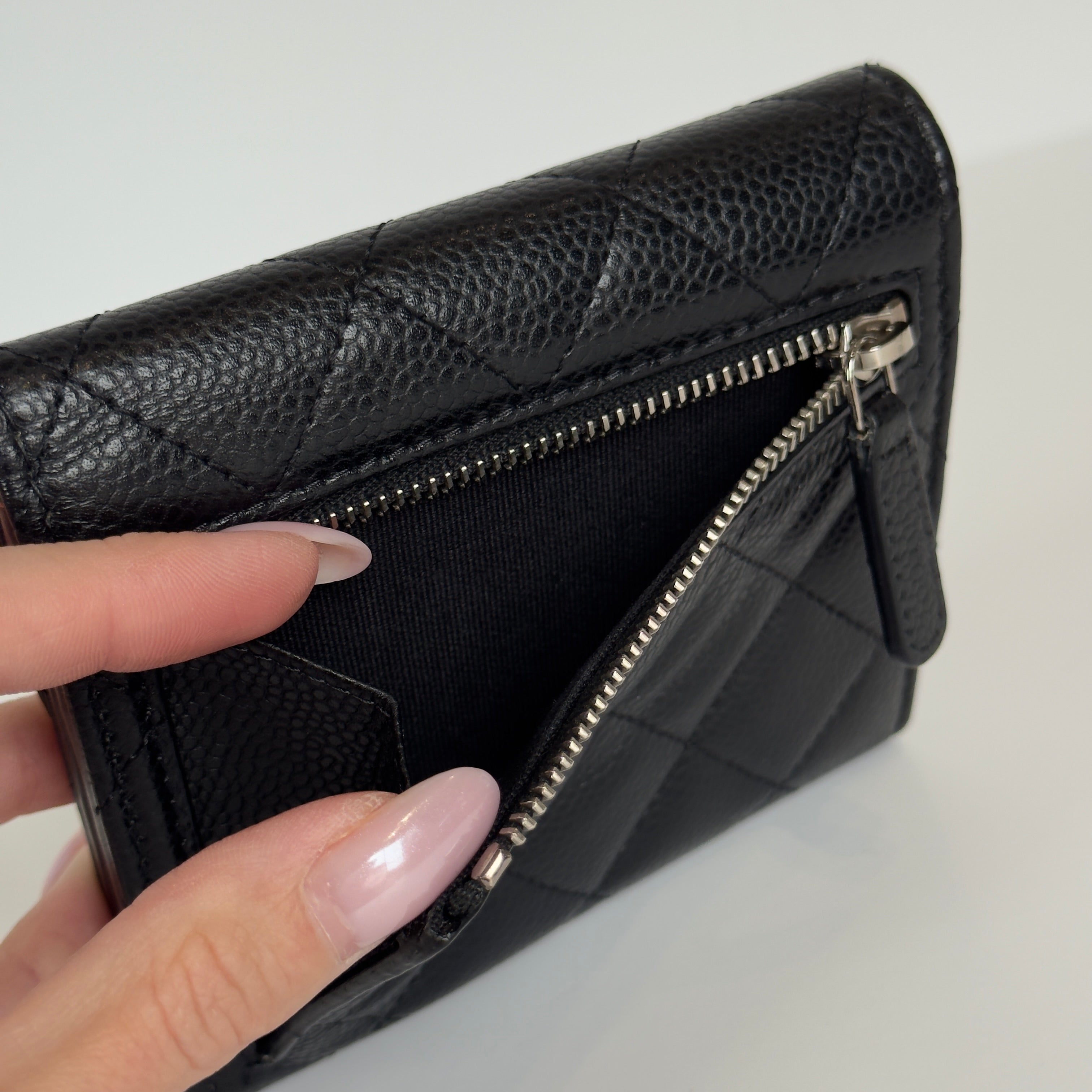 Chanel Black Caviar Quilted Compact Flap Wallet - Queen May