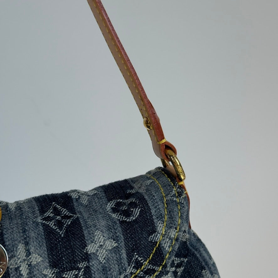 Rare Limited Edition Louis Vuitton Blue Monogram Raye Denim Judy Blame Mini Pleaty Gold & Silver Hardware, 2008 6 Charms - Queen May