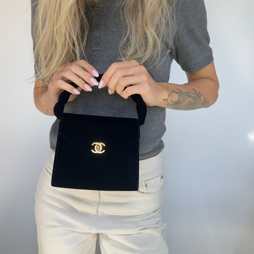 Ultra Rare Vintage Chanel Black Velvet Trusted Top Handle Bag 1996-1997 - Queen May