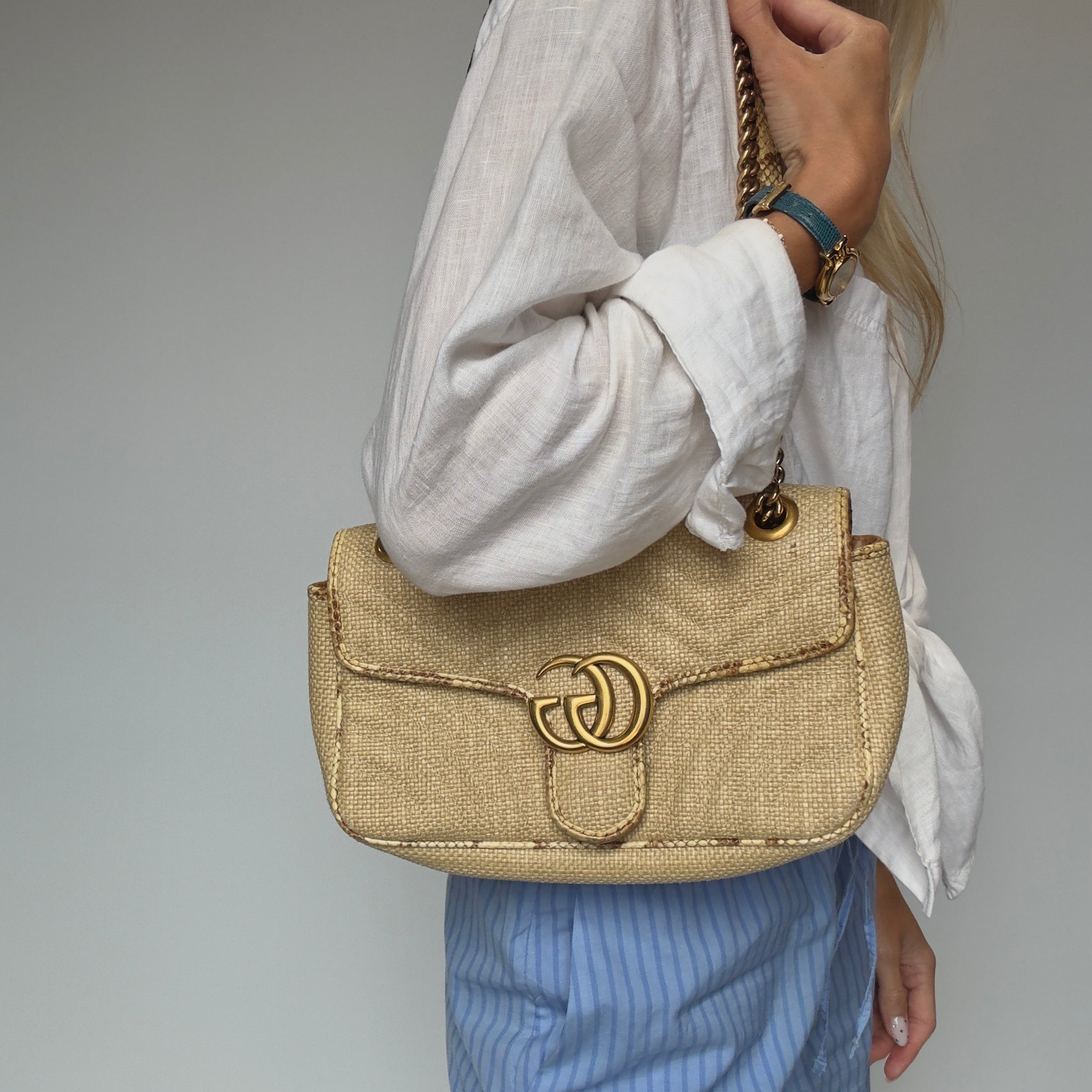 Gucci Raffia Elaphe Matelasse Small GG Shoulder Bag Natural Cream Brown