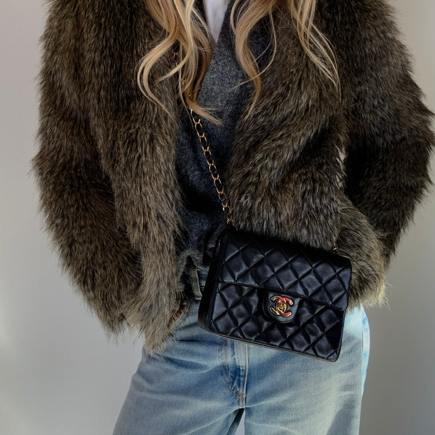 Vintage Chanel Mini Square Lambskin Flap Bag Black - Queen May