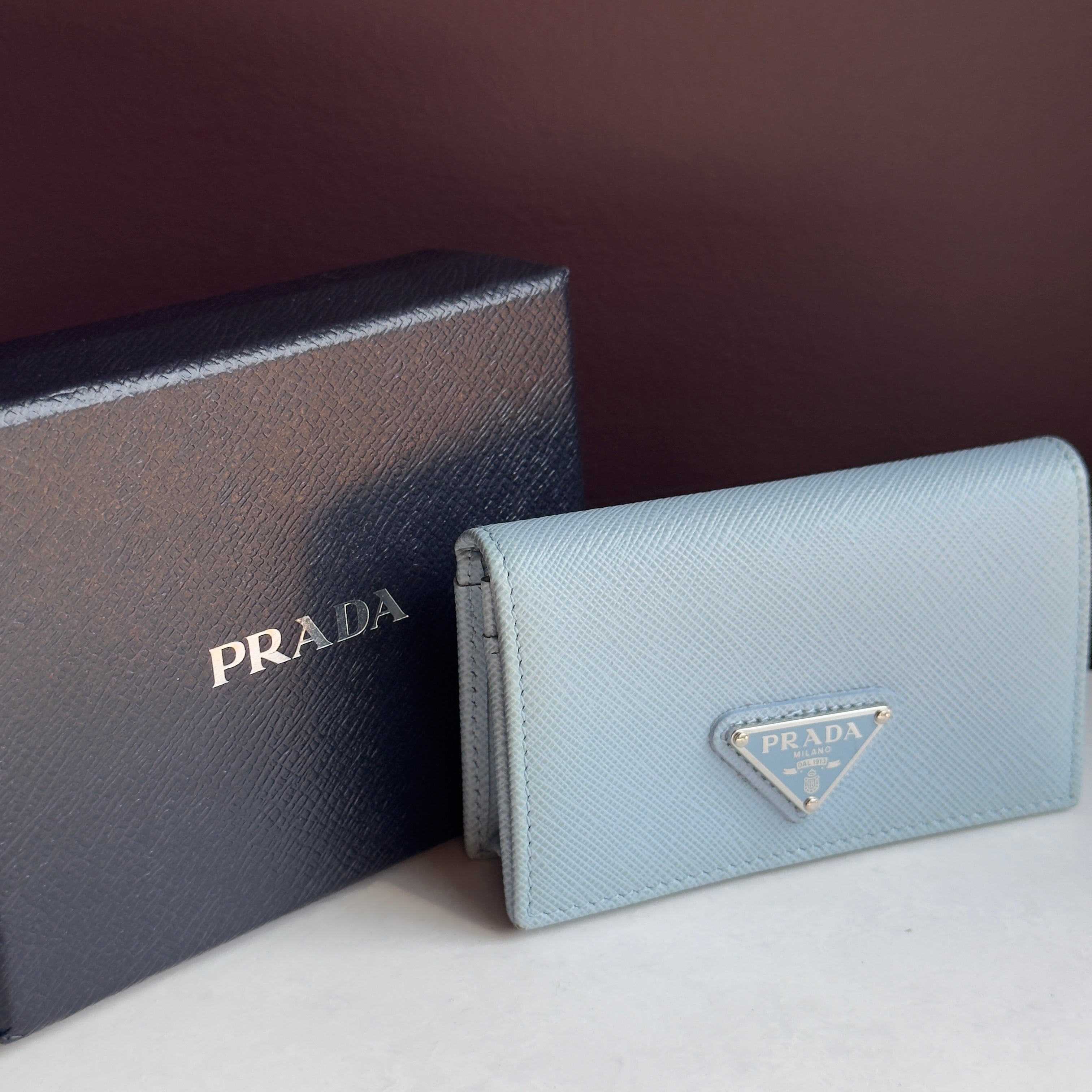 Prada Light Blue Saffiano Leather Card Holder - Queen May