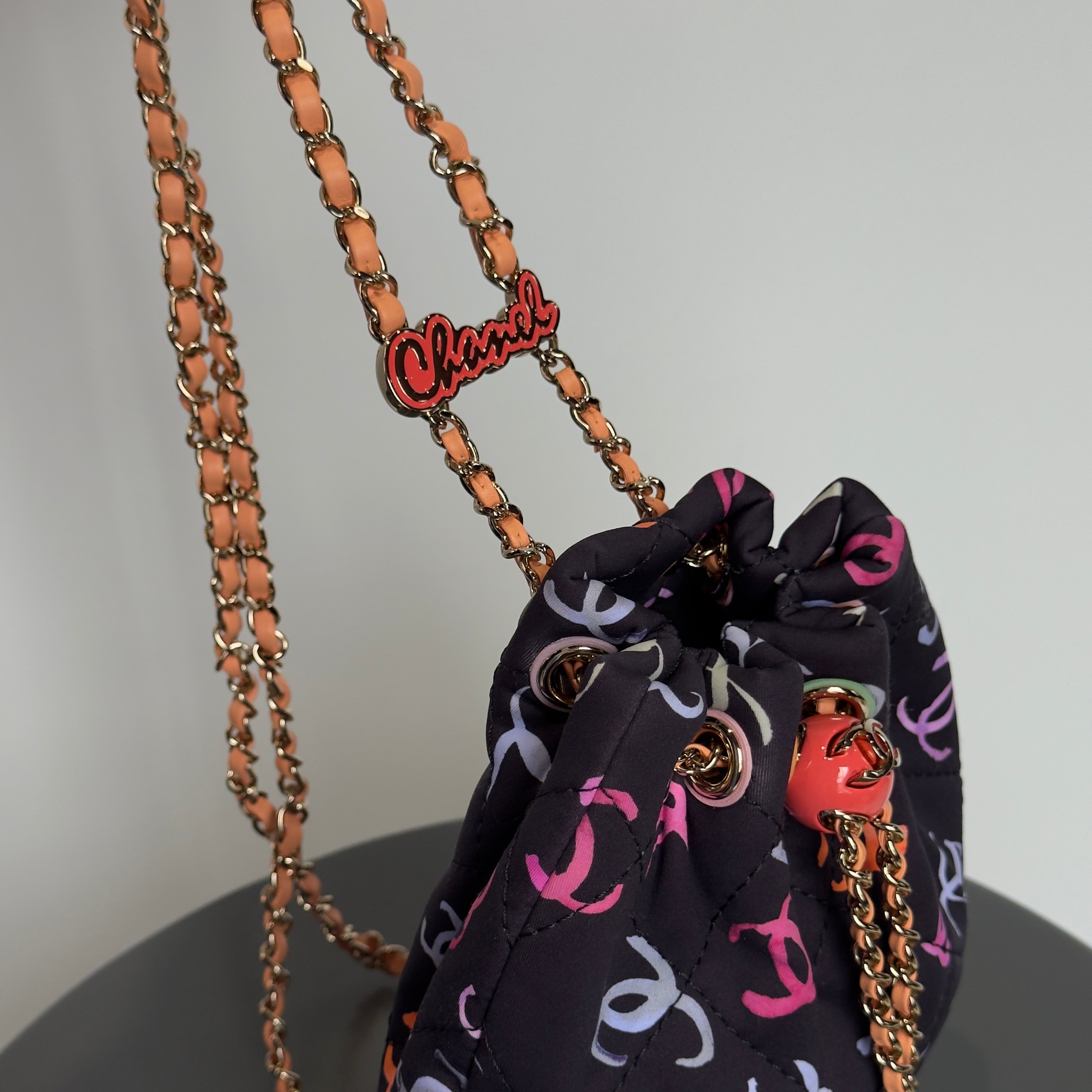 Chanel Medium CC Drawstring Backpack Multicolored Printed Fabric Light Gold Hardware