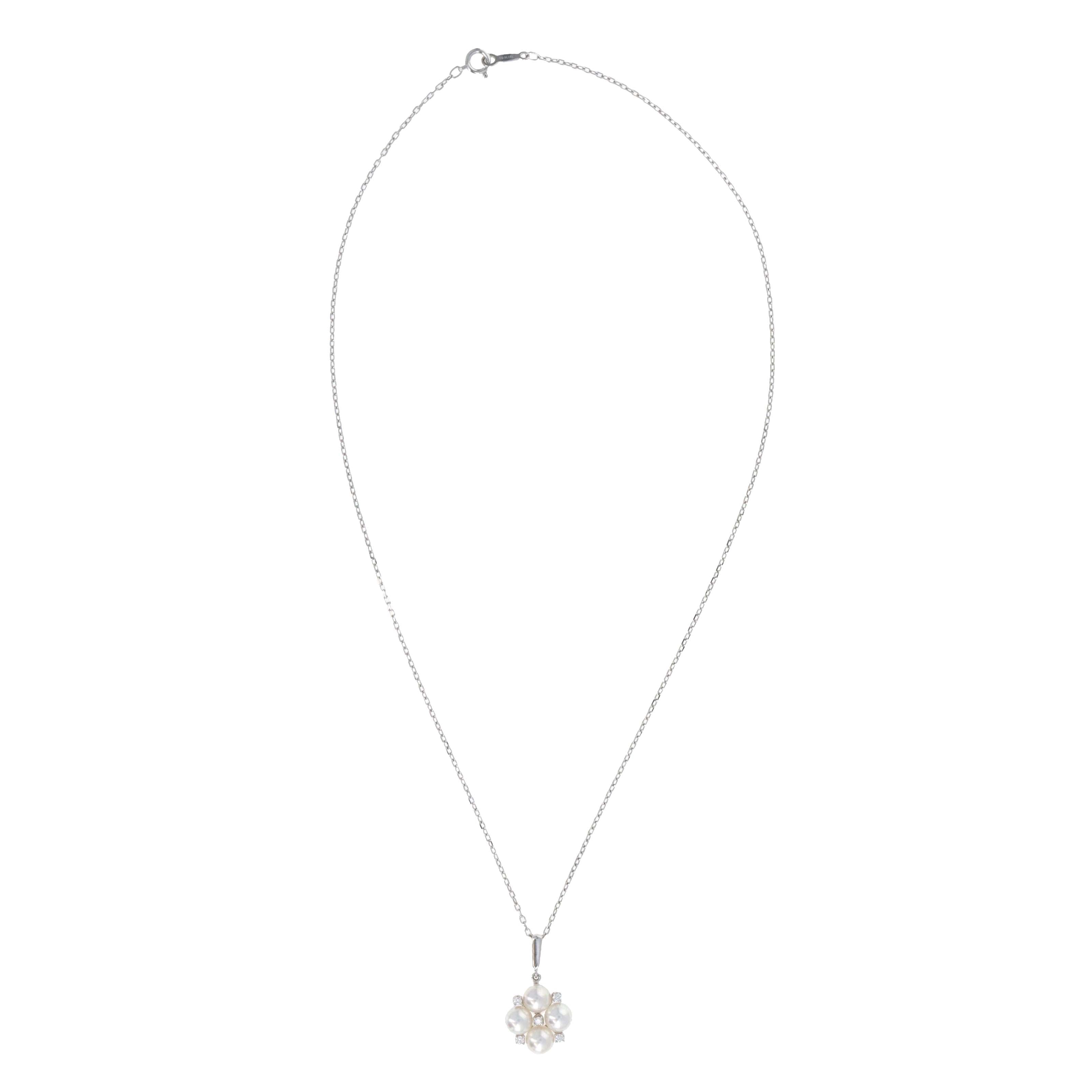 Mikimoto 18K White Gold Pearl Diamond Cluster Pendant Necklace - Queen May