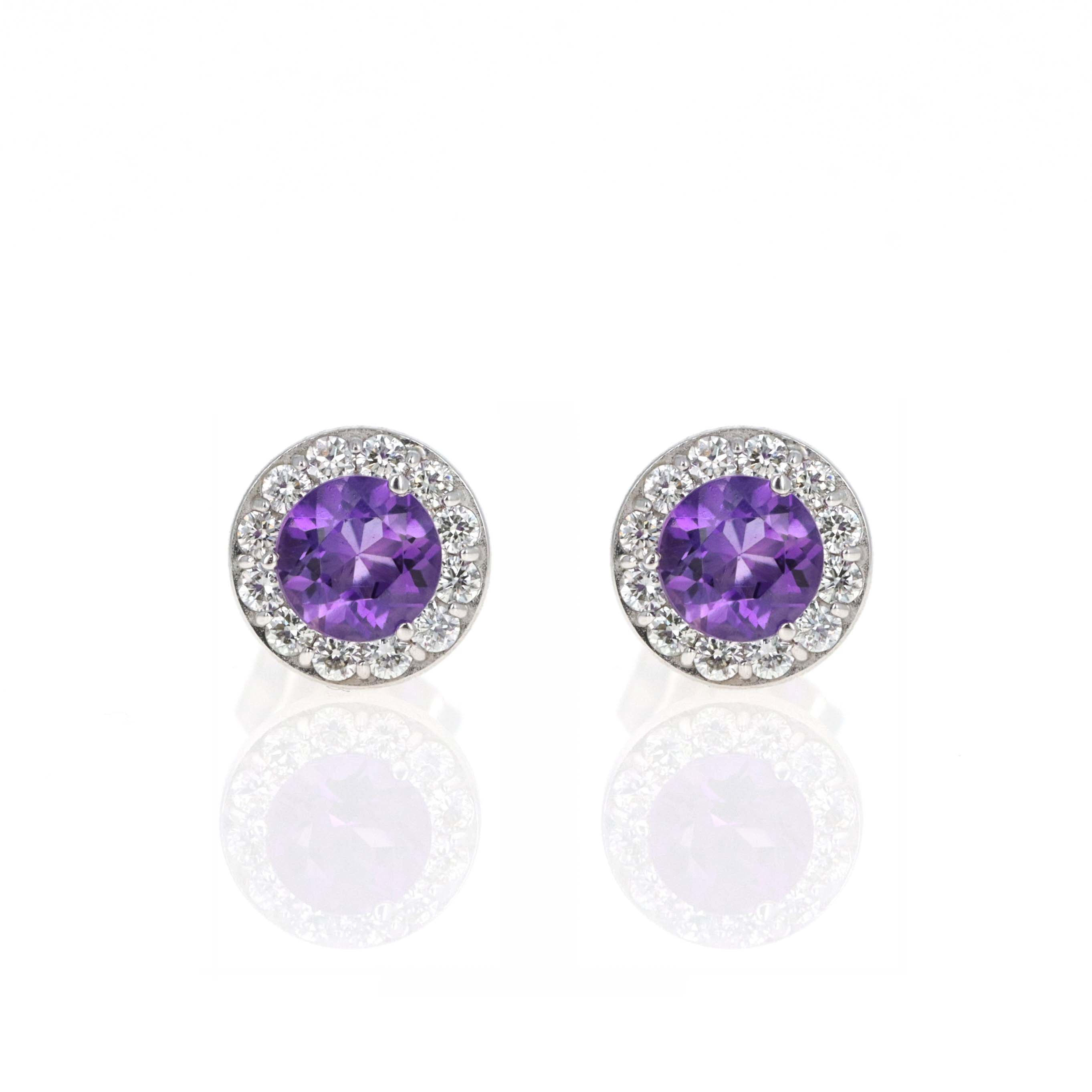 14K White Gold Diamond Halo Birth Stone Stud Earrings - Queen May