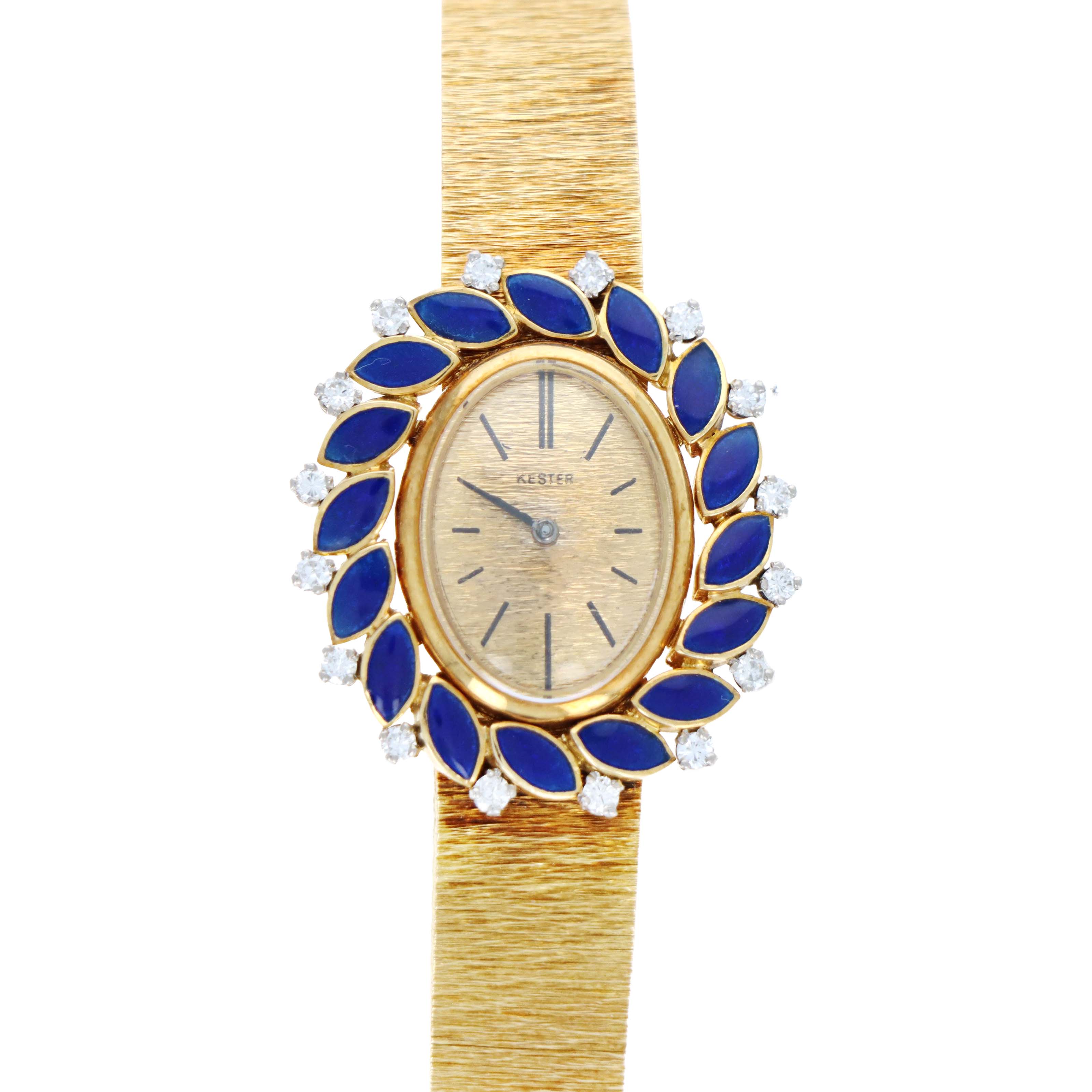 Vintage 18K Yellow Gold Kester Mechanical Movement Diamond & Blue Enamel Watch