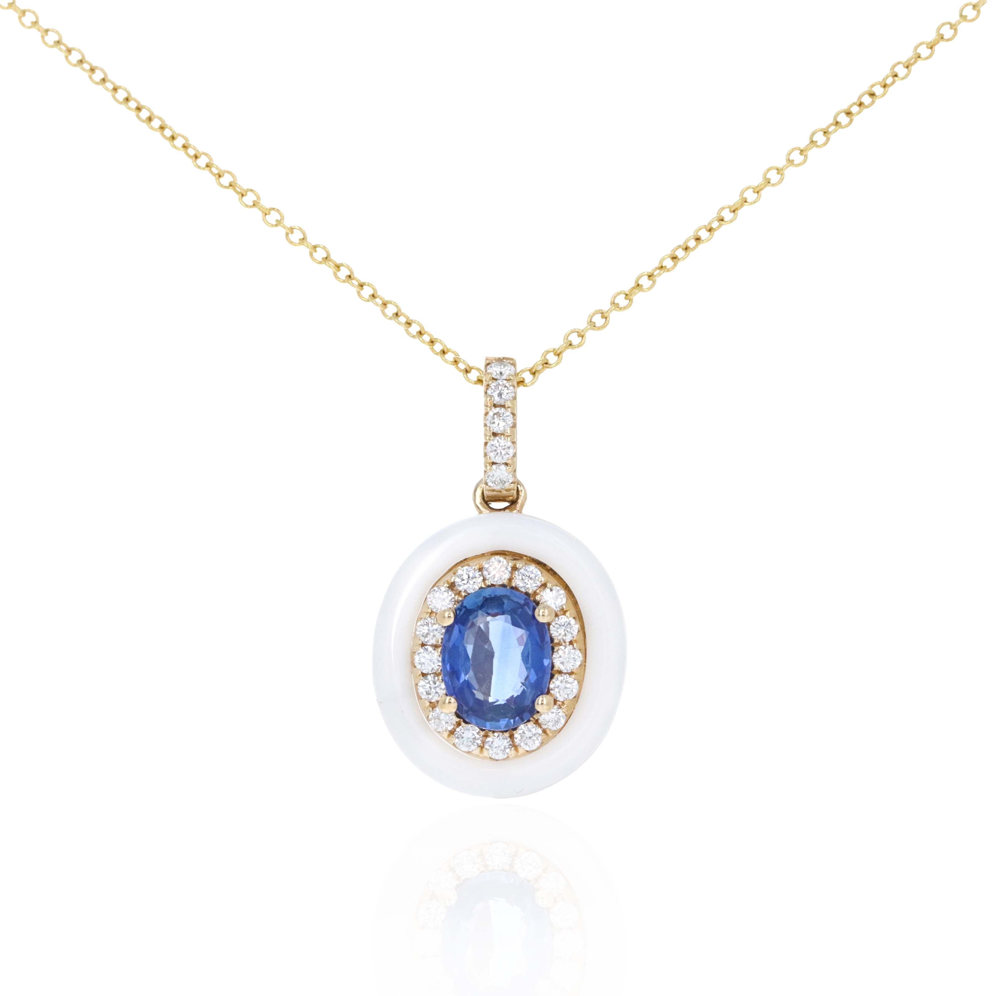 David Kord 14K Yellow Gold 0.98 Carat Oval Sapphire Porcelain Diamond Halo Pendant Necklace - Queen May
