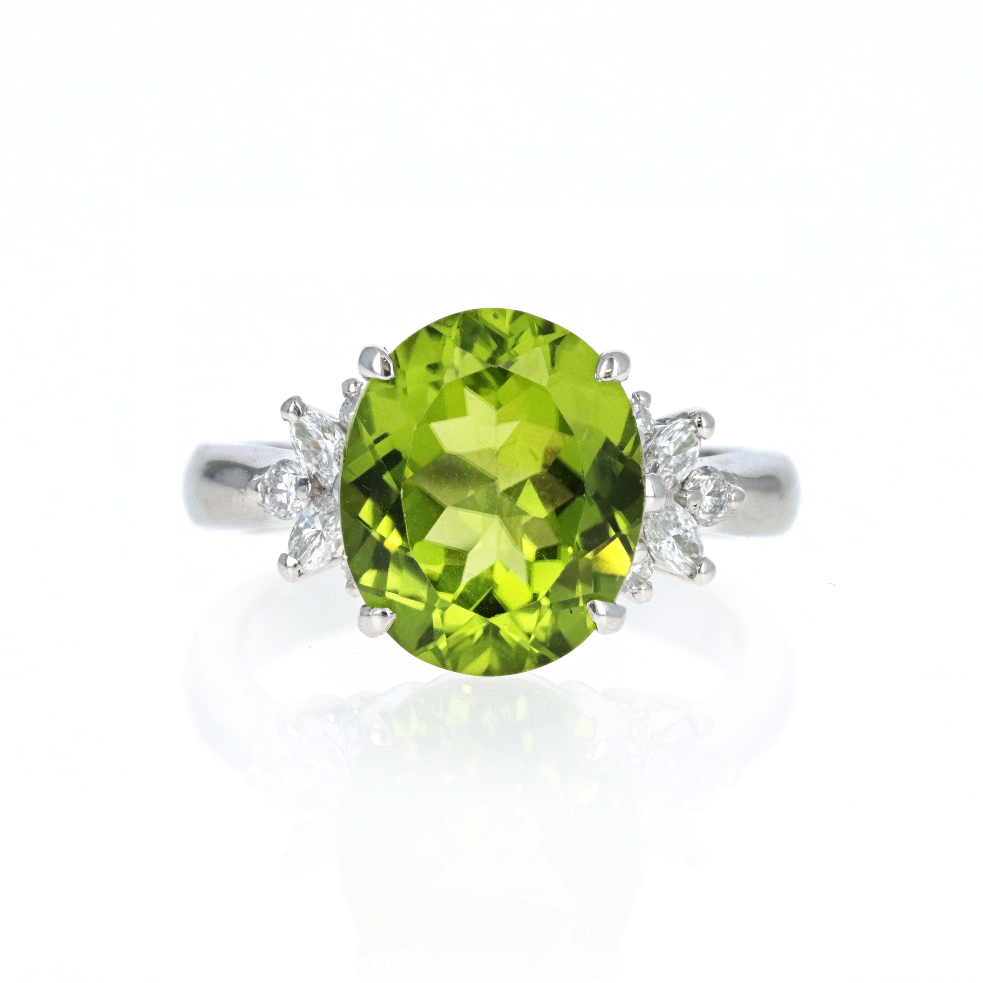 Platinum 6.45 Carat Oval Peridot Diamond Accented Ring - Queen May